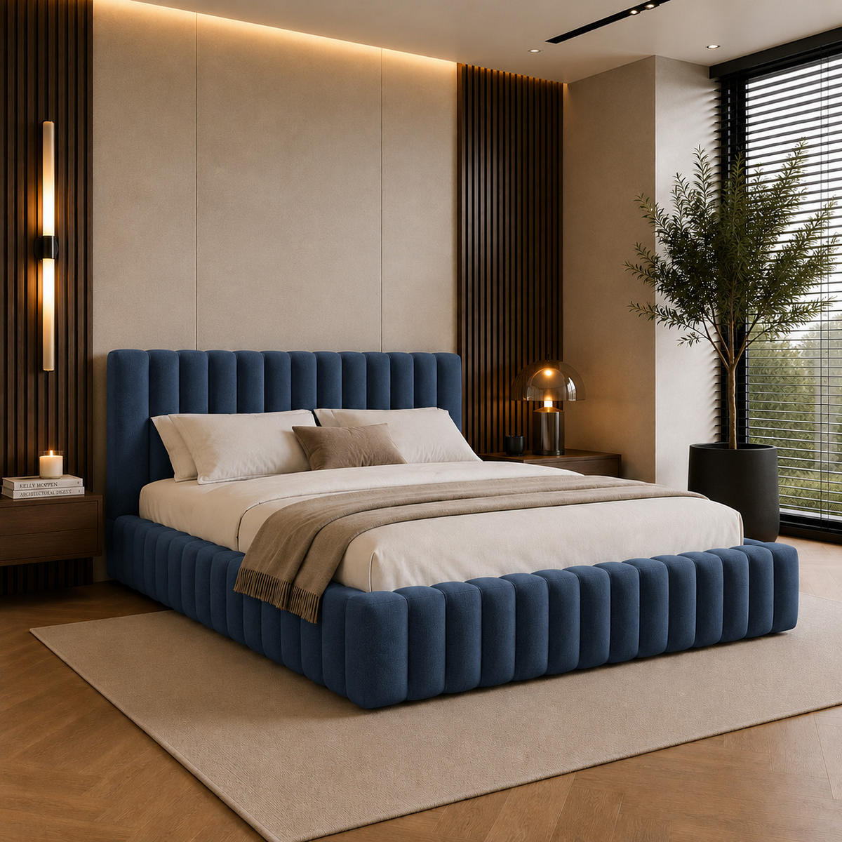 POLSTERBETT BLIVIO 180x200 cm,mit Bettkasten,Lattenrost,Doppelbett,Boxspringbett-Optik-Blau - Dunkelblau, Holz (180/200cm) - Furnistar