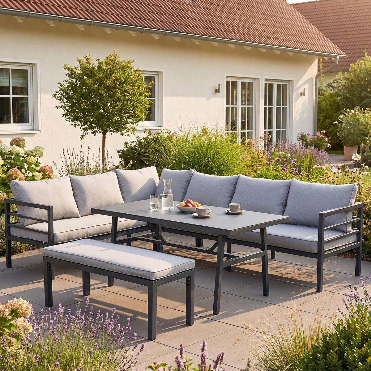 LOUNGE-SET Maia Grau / Anthrazit-Grau für 8 Personen, Aluminium pulverbeschichtet, Sicherheitsglas Stone-Look - Grau, Kunststoff - bellavista - Home & Garden