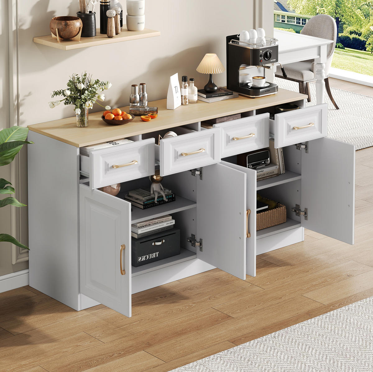 SIDEBOARD 140/40/75 cm aus Spanplatte mit 4 Schubladen und 4 Türen Weiß/Eichefarben - Weiß, Holzwerkstoff (140/75/40cm) - Modenvie