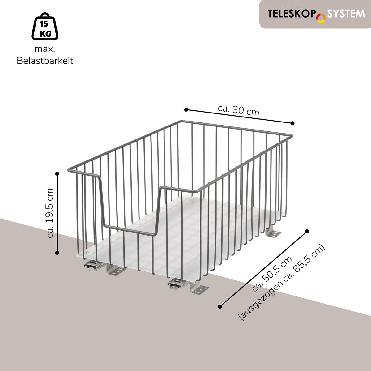 SCHRANK-KORBAUSZUG 30 cm, grau, Metall - Grau, Metall (30/23/50.5cm) - bremermann