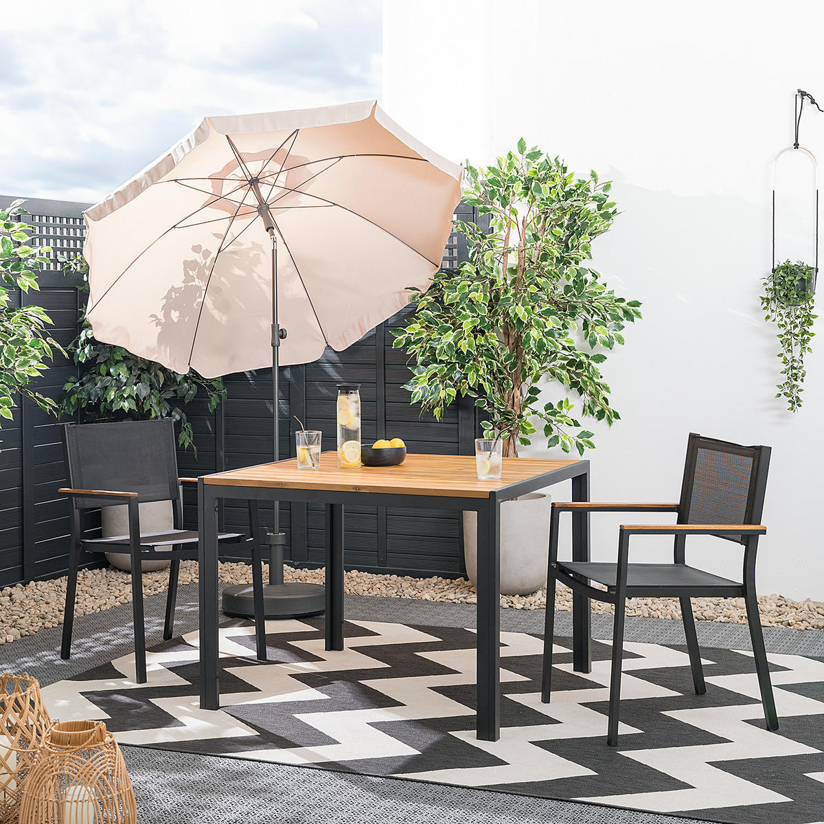 GARTENESSGRUPPE - Akazie massiv / Aluminium - Braun / Schwarz - 3-teilig - Schwarz/Braun, Holz/Textil - home24