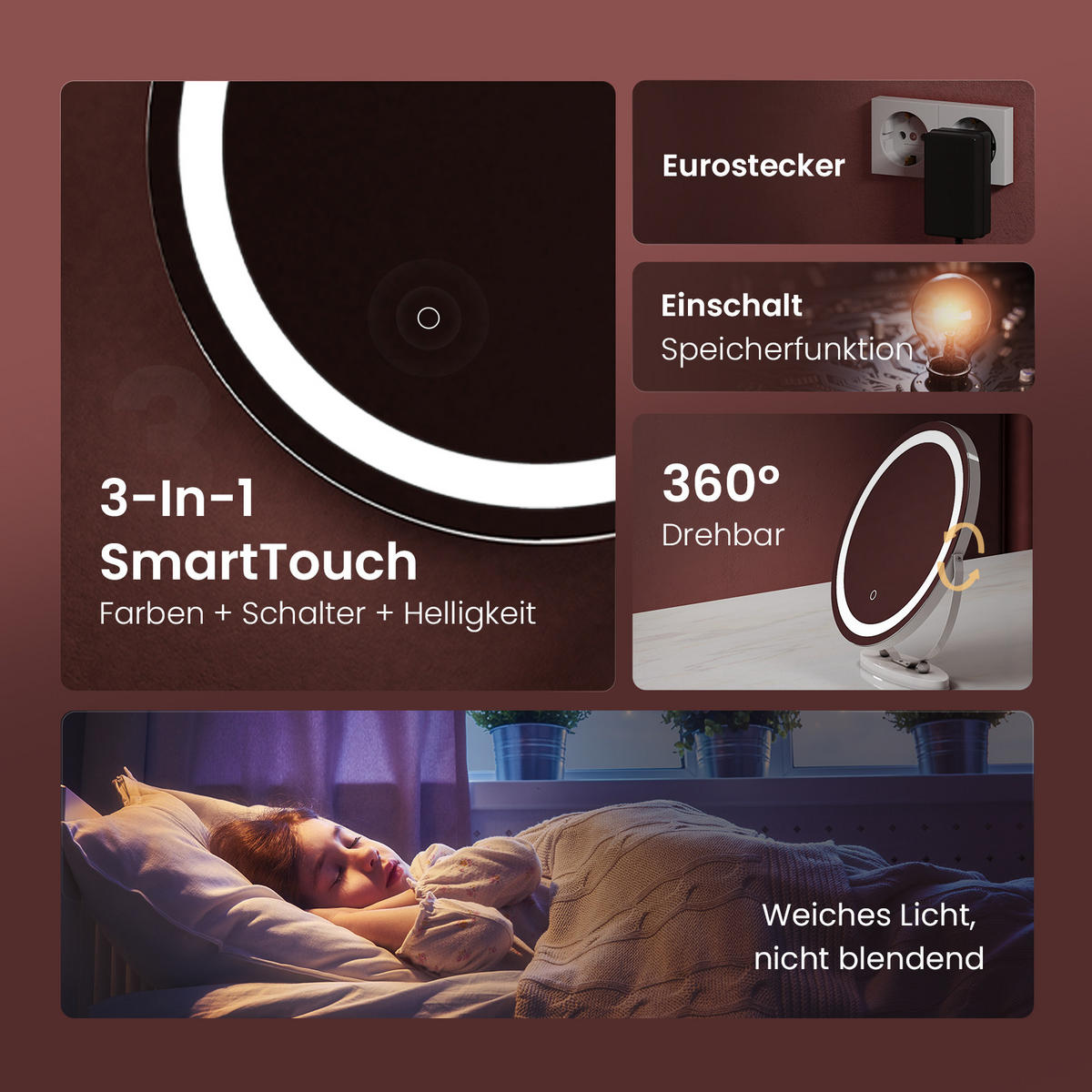 KOSMETIKSPIEGEL mit Beleuchtung 52/49,8/11,1 cm - Weiß, Glas (50/52/11cm) - EMKE