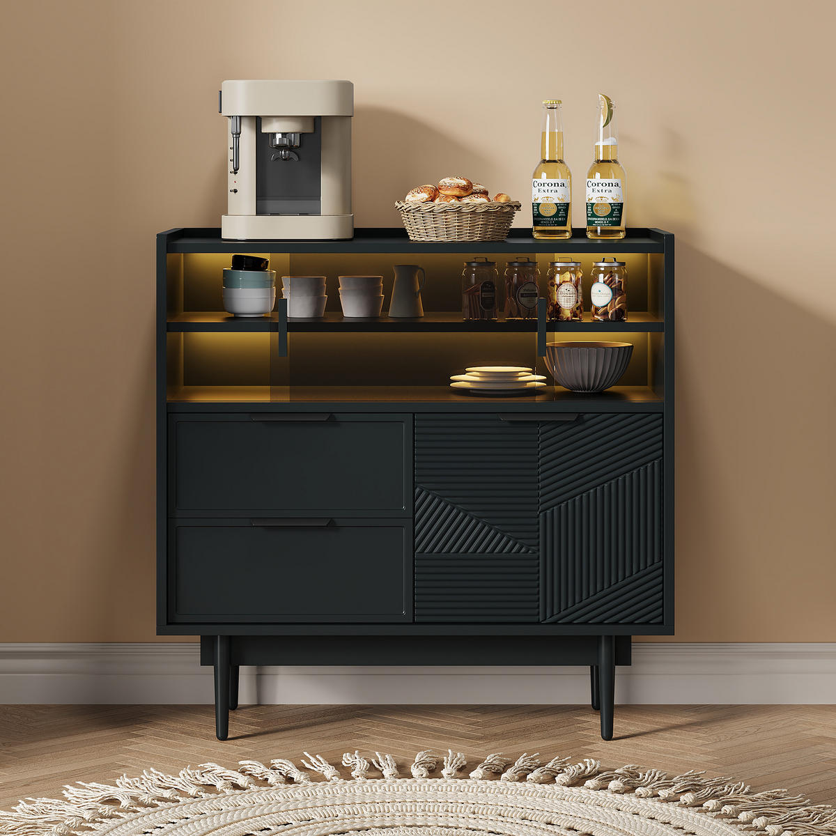 SIDEBOARD in Schwarz Aufbewahrungsschrank , mit LED-Lichtleiste Glastür Stauraum Badmöbel B80/T35/H80cm - Transparent/Schwarz, Glas/Holzwerkstoff (80/80/35cm) - STILVORA