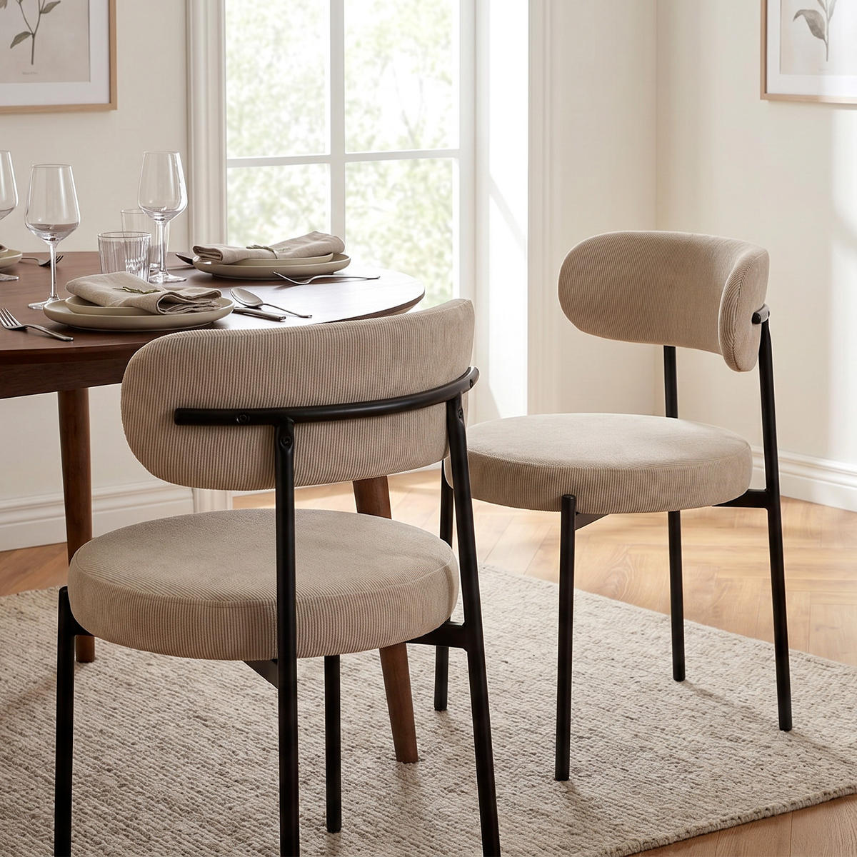STÜHLE 2er-Set gepolstert aus beigem Cord-Samt mit schwarzem Metallgestell IRIS - Beige/Schwarz, Textil/Metall (53.5/80/49.5cm) - Sicaan