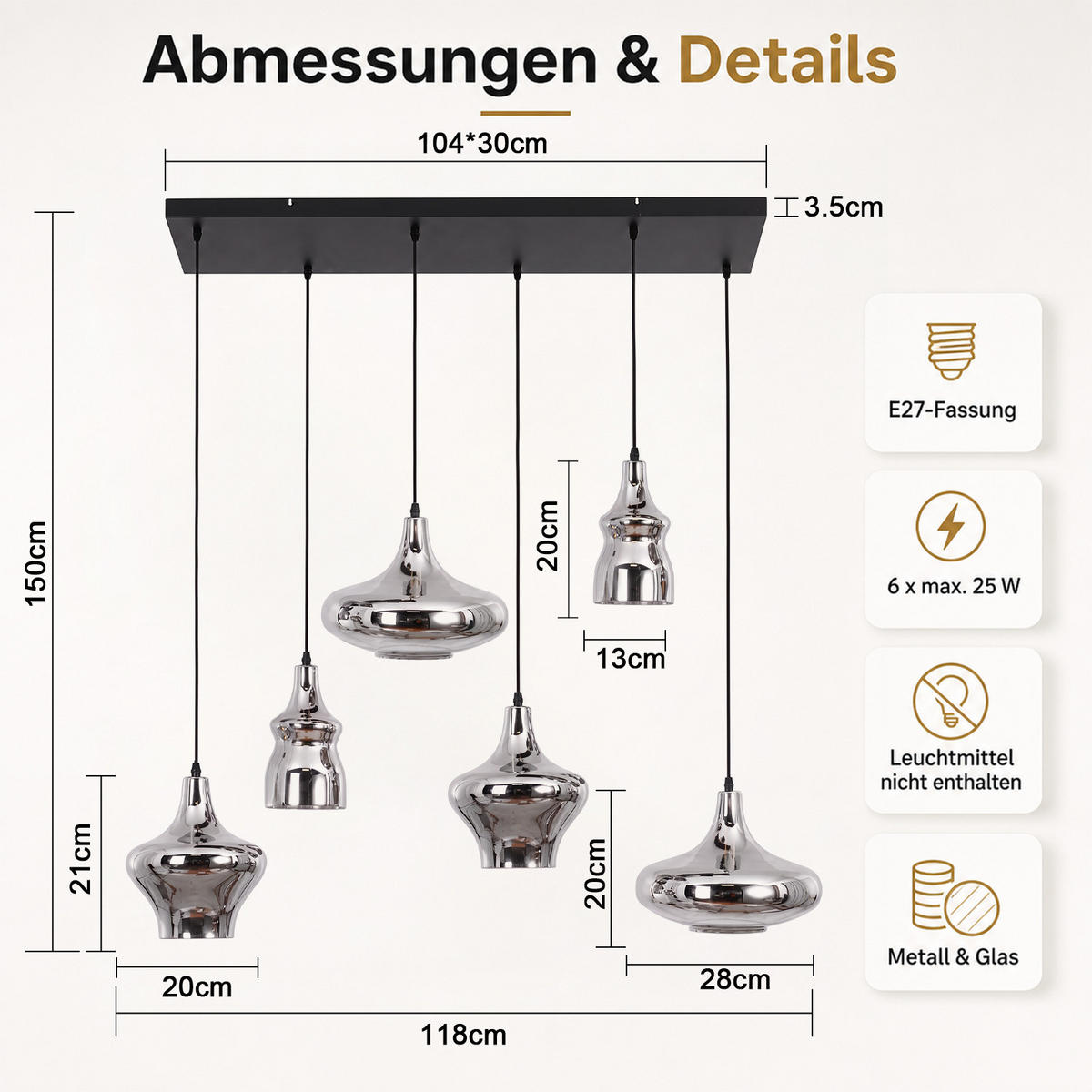 PENDELLEUCHTE Nythral 104/30/150 cm - Schwarz, Glas/Metall (104/30/150cm) - ZMH
