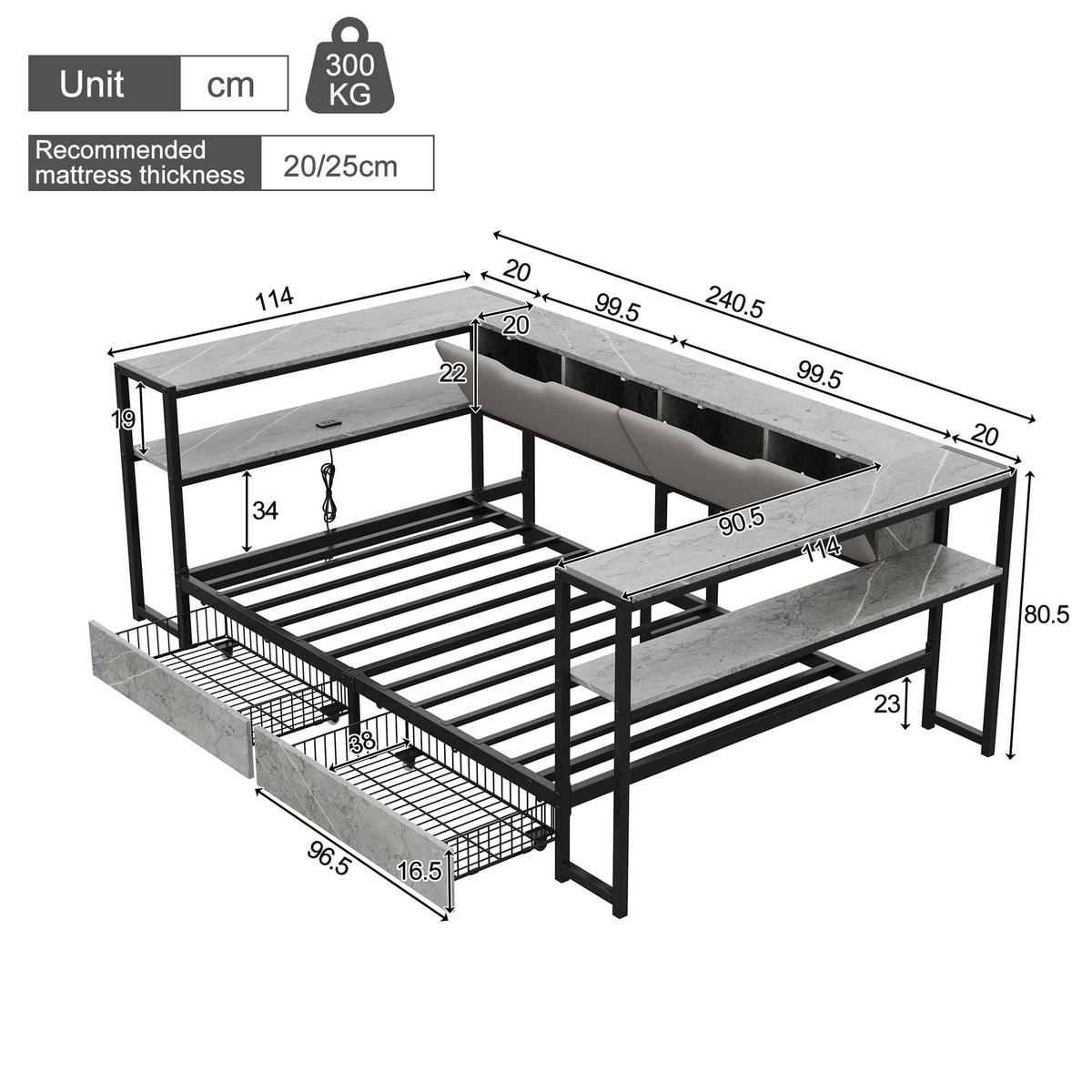 DAYBETT Beton 90x200 USB Type-C Schubladen Stauraum - Grau, Metall (90/200cm) - FLIEKS