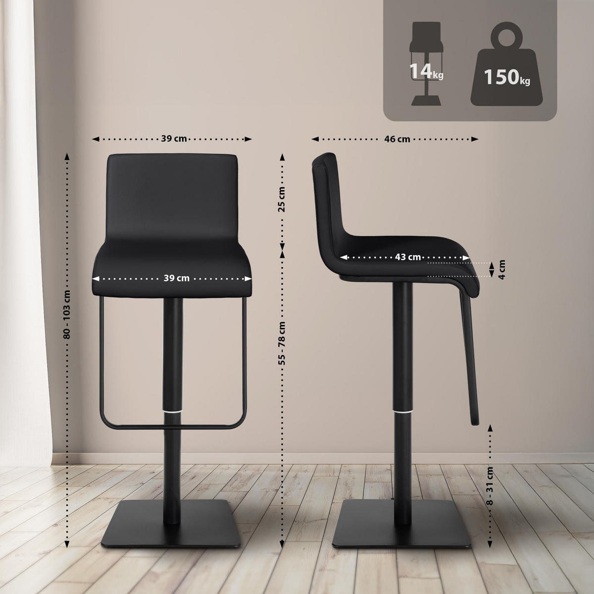 BARHOCKER Lederlook Schwarz - Schwarz, Textil/Metall (39/80/46cm) - CLP