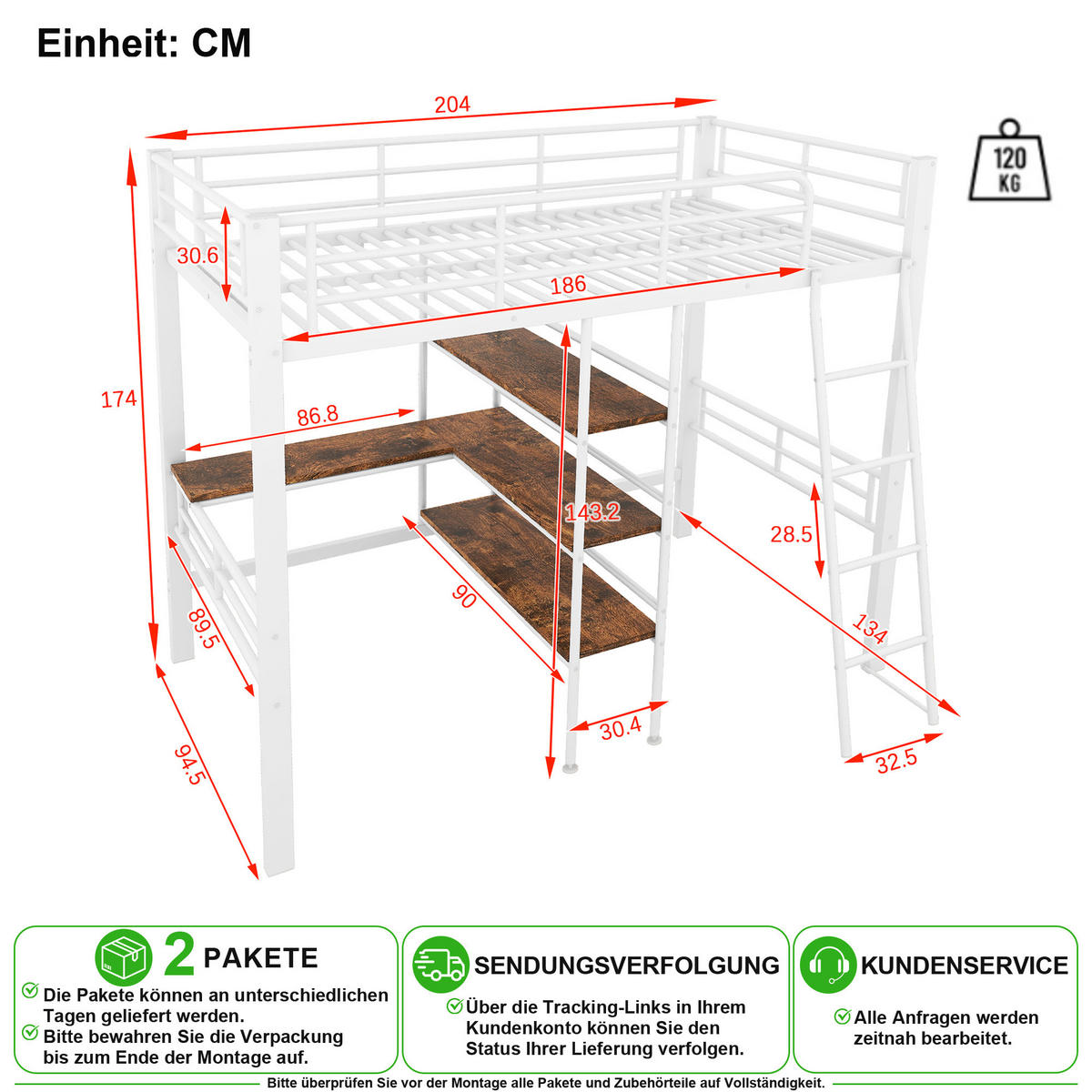 HOCHBETT 90/200 cm in Weiß mit Schreibtisch, Regalen und Leiter aus Metall - Weiß, Holzwerkstoff/Metall (90/200cm) - CHICFURN