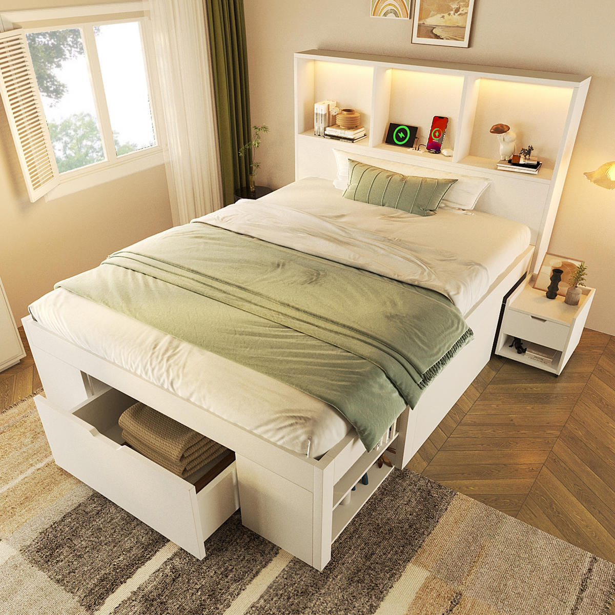 FUNKTIONSBETT 90/200 cm mit LED-Beleuchtung, USB-C, Stauraum und beweglichem Nachttisch und Matratze aus Holz, Weiß - Weiß, Holzwerkstoff (90/200cm) - Redom