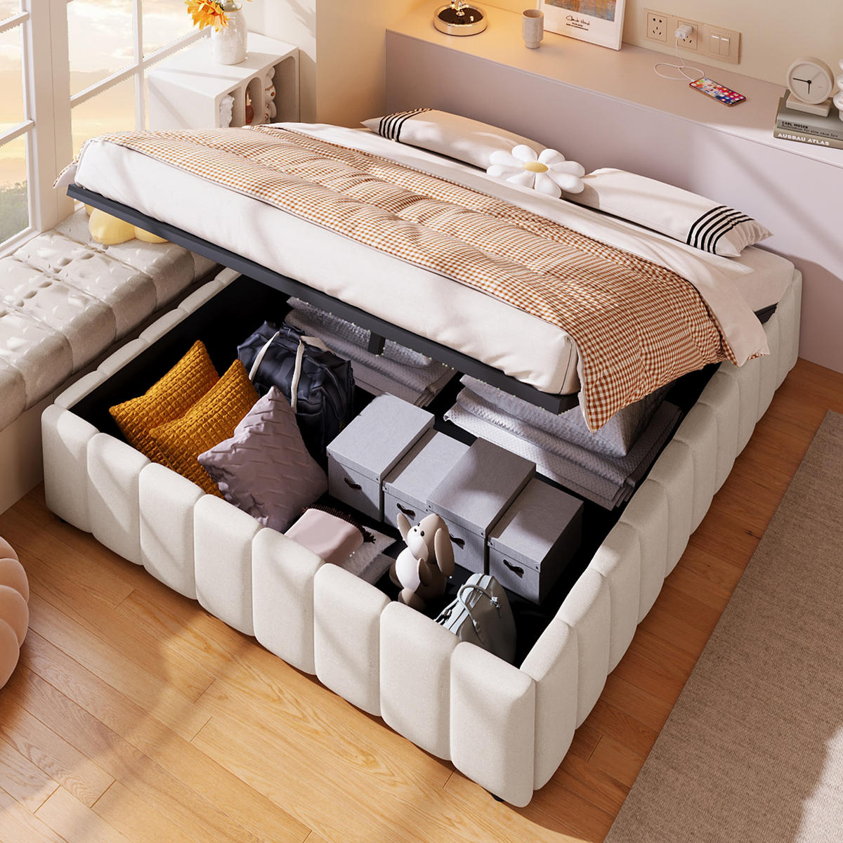 POLSTERBETT 140x200cm Beige hydraulische Lagerung ohne Kopfteil - Beige, Holz (140/200cm) - FLIEKS