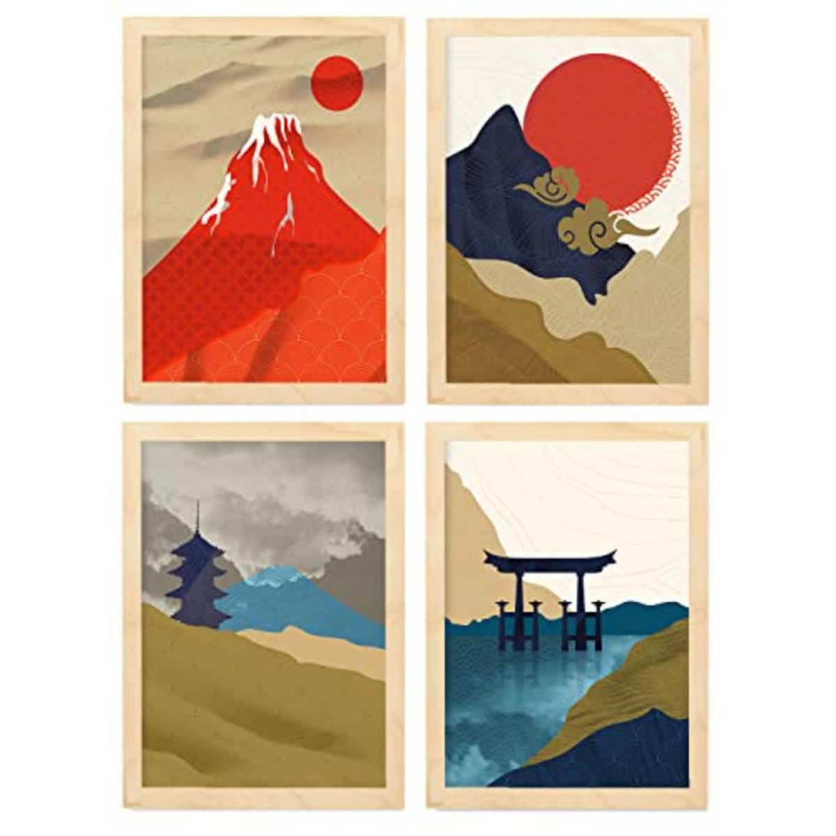 POSTER Set mit 4 japanischen Schreinen A4 Rahmen aus hellem Holz - Beige, Papier (29.7/3cm) - Nacnic