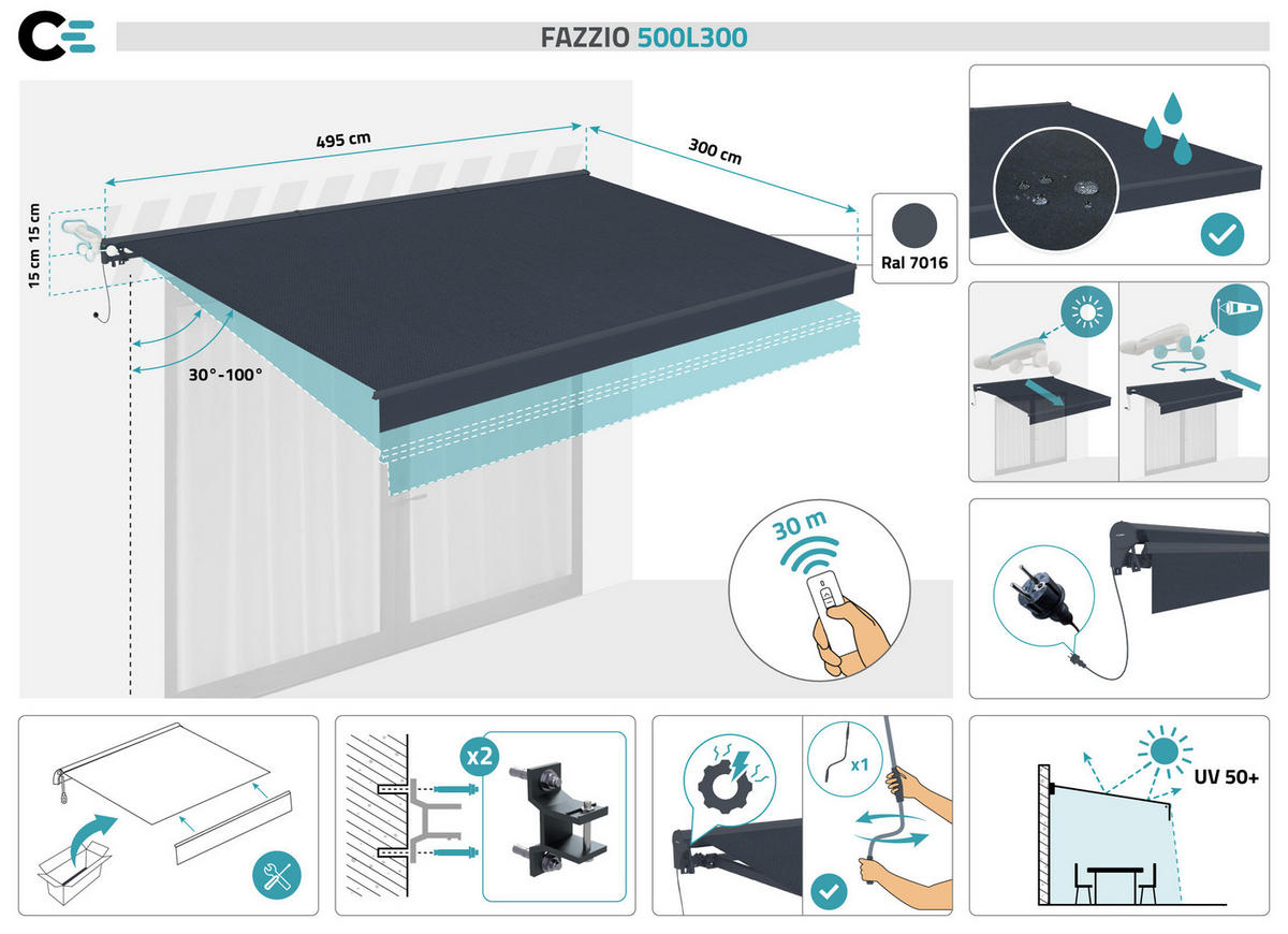 HALBKASSETTENMARKISE Fazzio Graue 5m x 3m motorisierte - Premium-Leinwand 320g/m² - Grau, Metall (500/270/300cm) - Cazeboo
