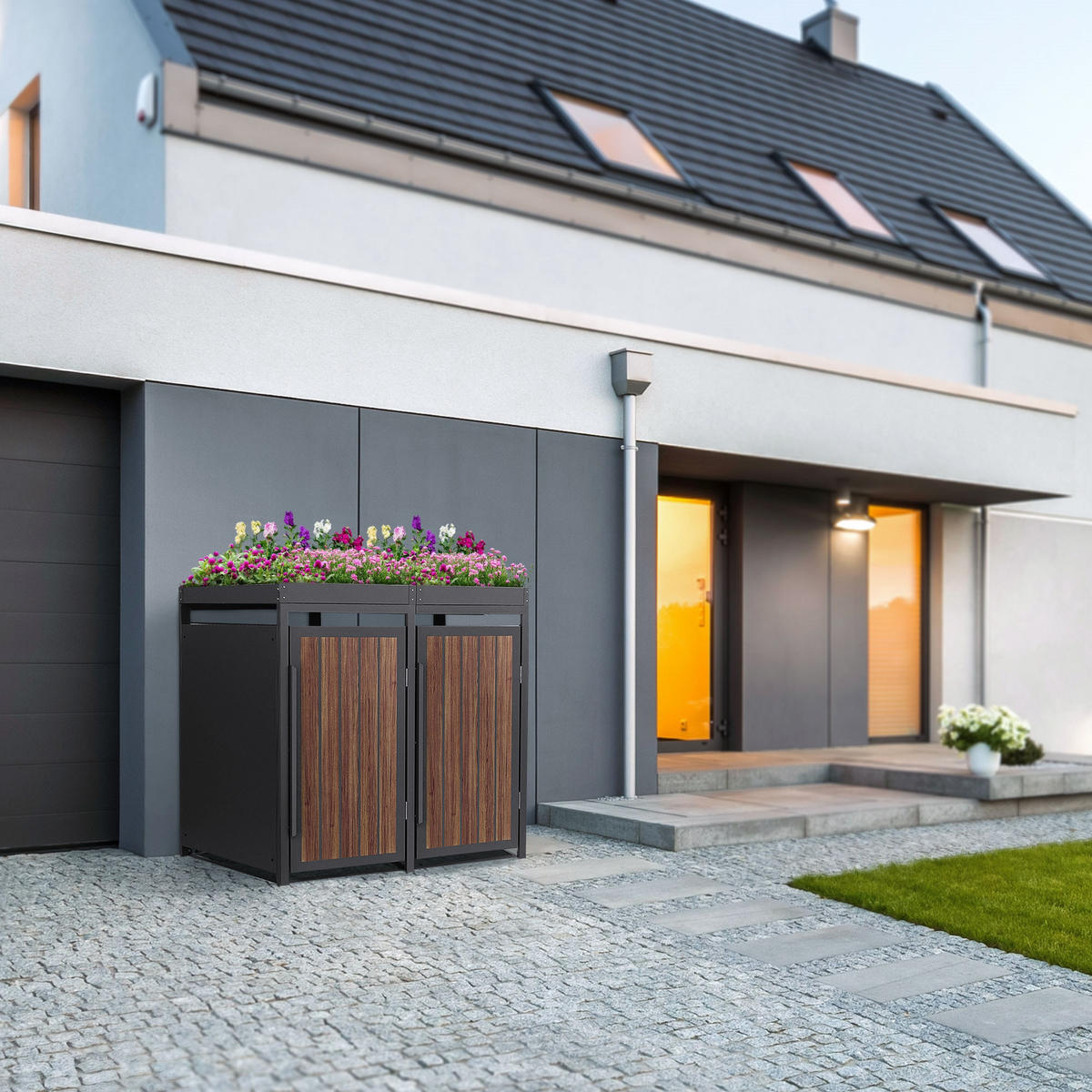 MÜLLTONNENBOX 2er mit Pflanzdach 240L Anthrazit-Holzoptik aus Stahl - Dunkelbraun, Metall (80/124/132cm) - ML-DESIGN