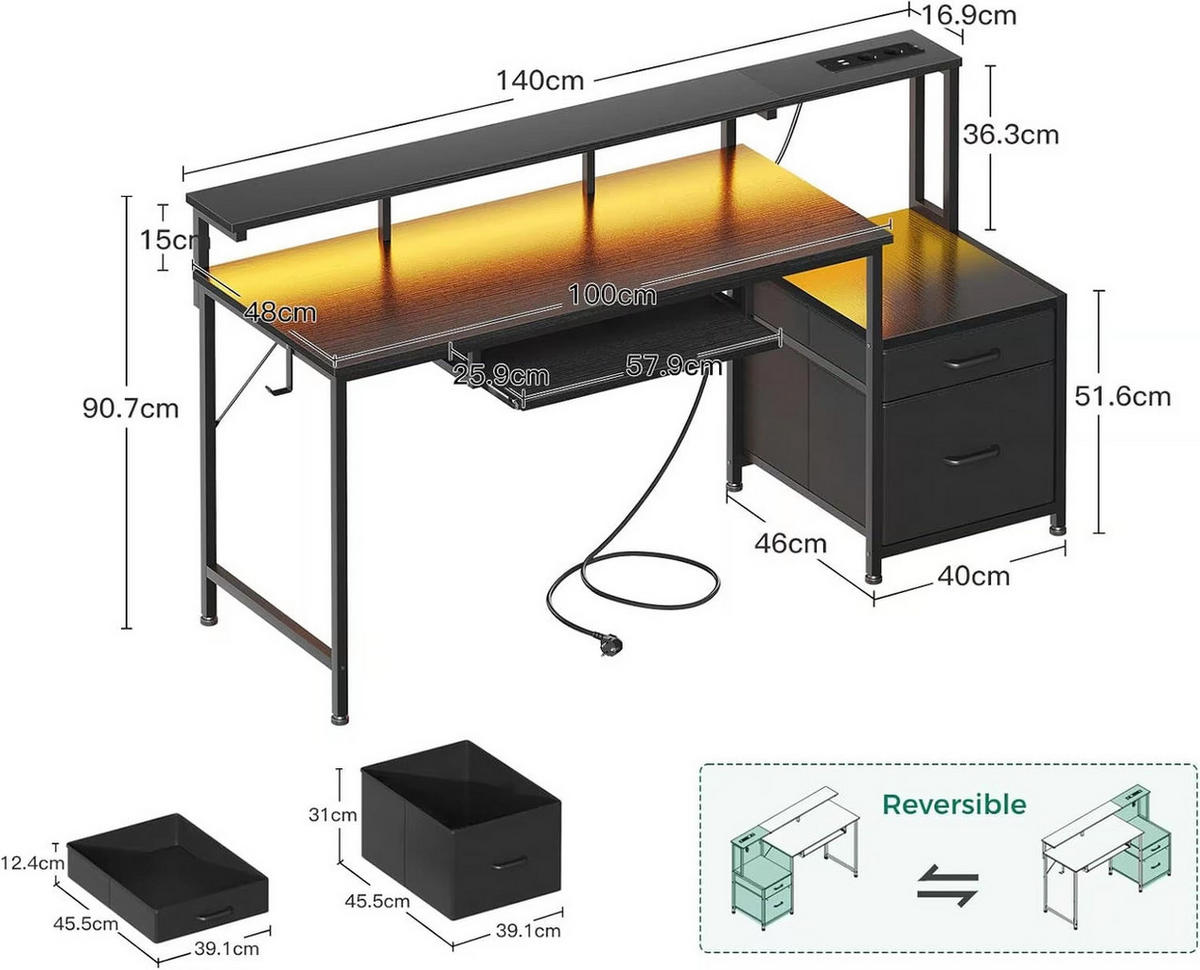 COMPUTERTISCH mit LED 140×48 cm Schwarz - Schwarz, Holz (140/48/75.7cm) - Kaket