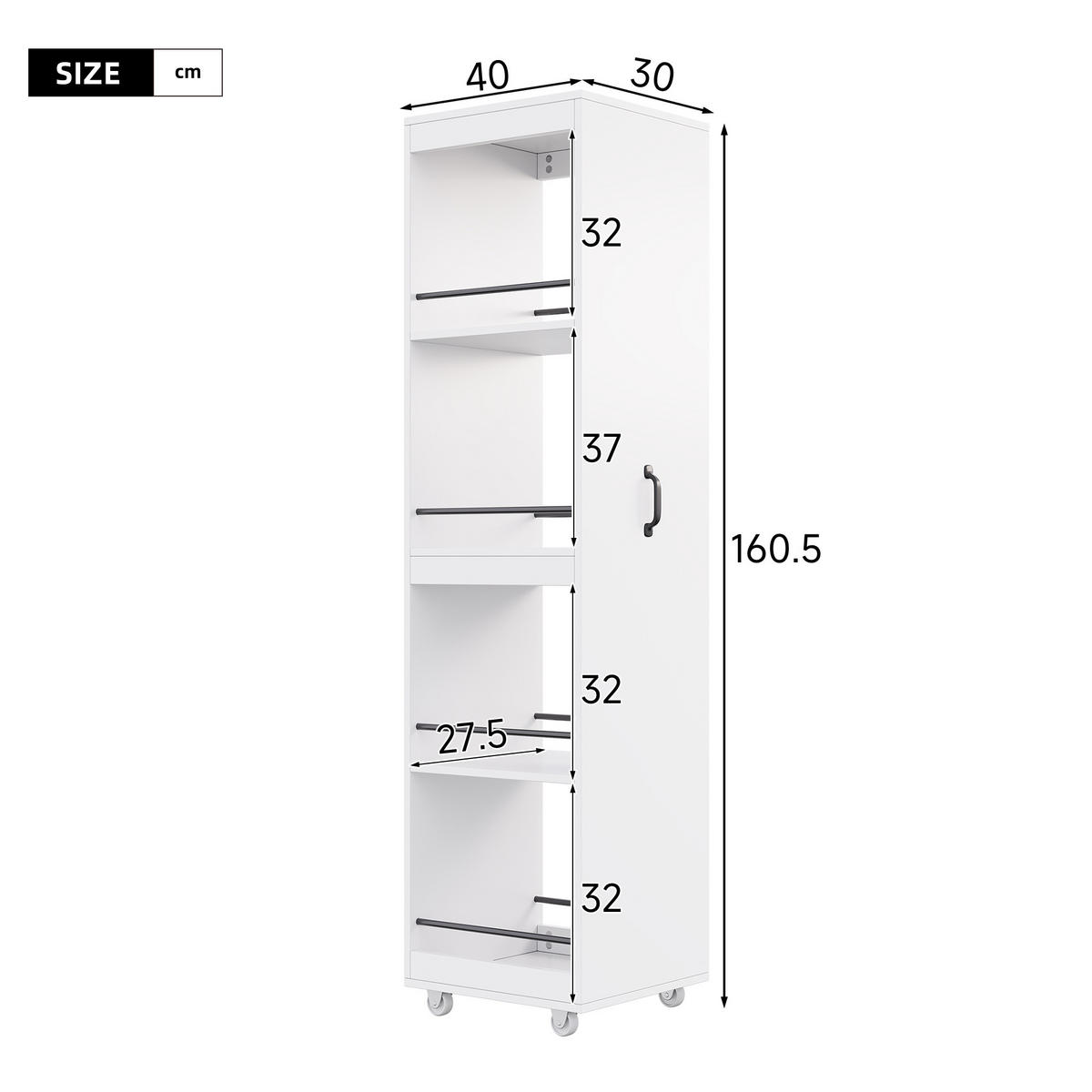BÜCHERREGAL Hochregal 160cm mit Rollen Platzsparend Modern - Weiß, Holzwerkstoff (40/160.5/30cm) - FLIEKS