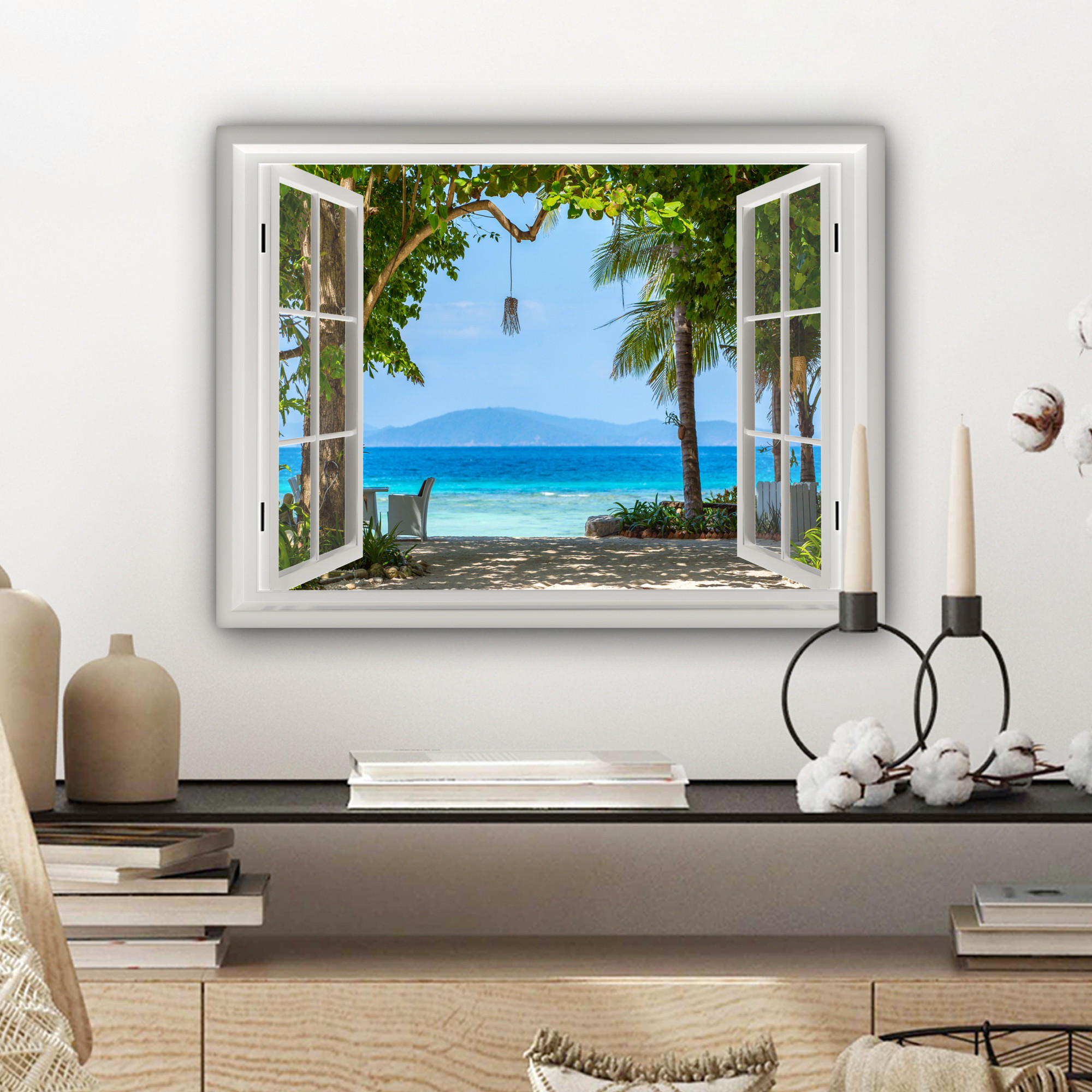 LEINWANDBILD Aussicht - Baum - Meer - Palme - Hügel - Strand - Blau 40x30 cm - Blau, Textil (40/30cm) - MuchoWow