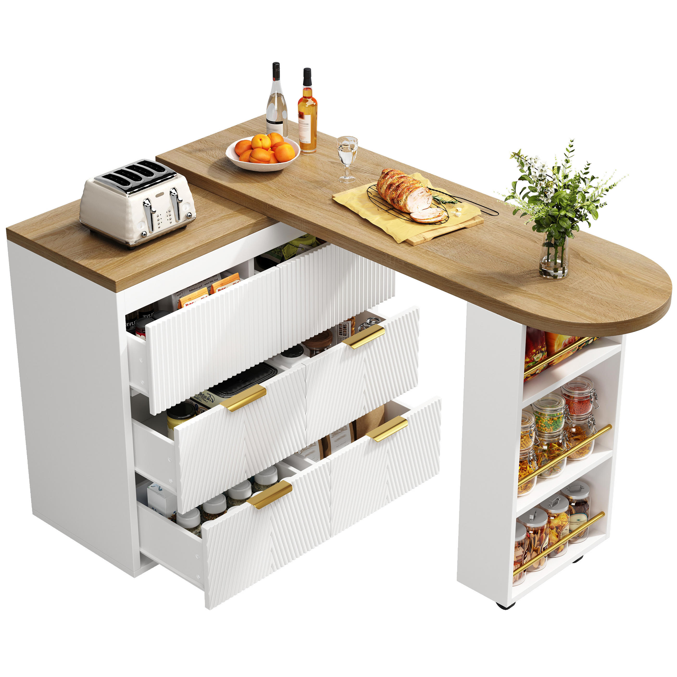 BARTISCH 128-203/39/90 cm in Weiß mit 6 Schubladen und drehbaren Modulen - Weiß, Holzwerkstoff (39/203/90cm) - BEAOK