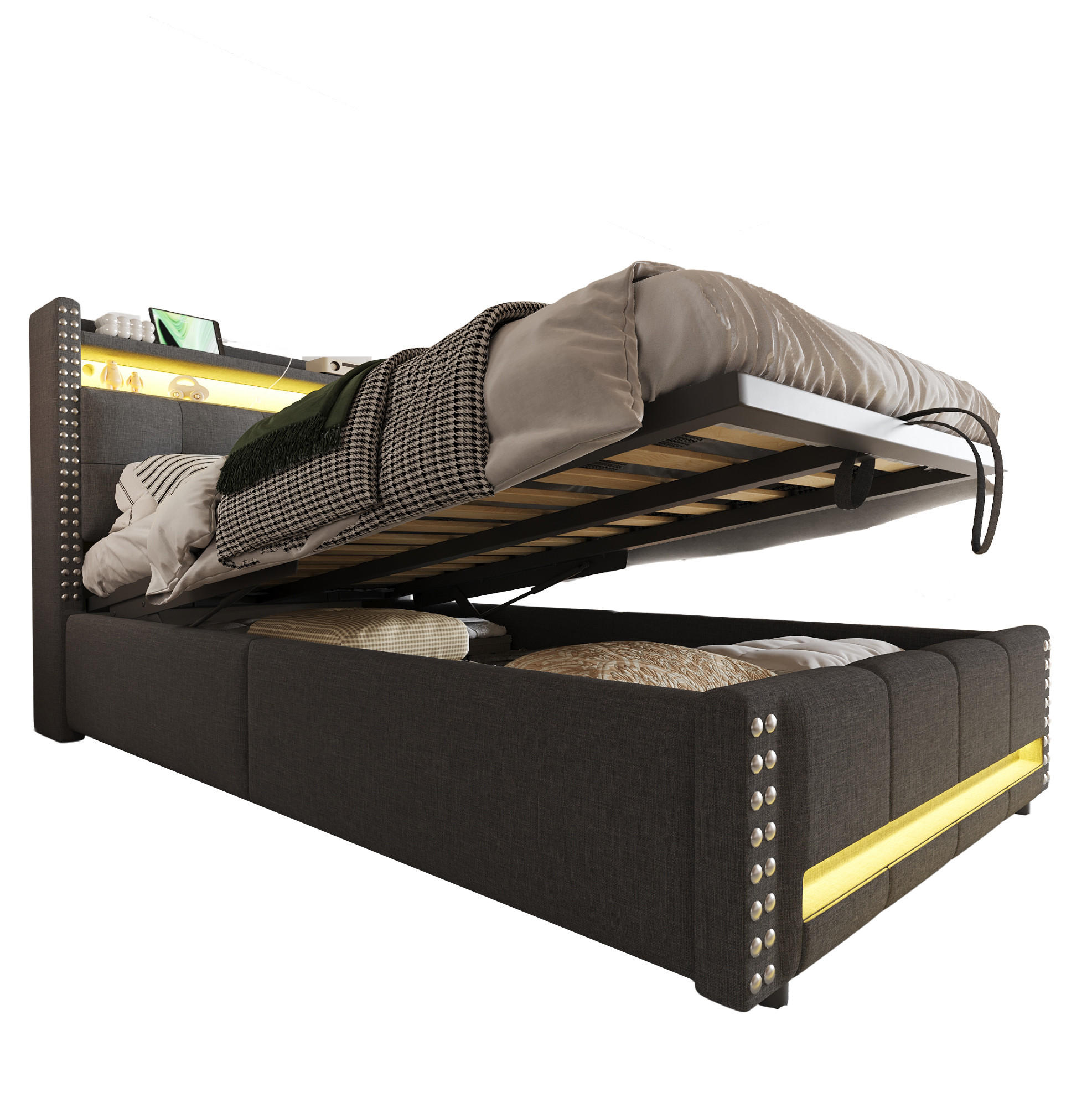 POLSTERBETT 90/200 cm Grau aus Leinenstoff mit LED und Stauraum - Grau, Textil (90/200cm) - OKMYHOME