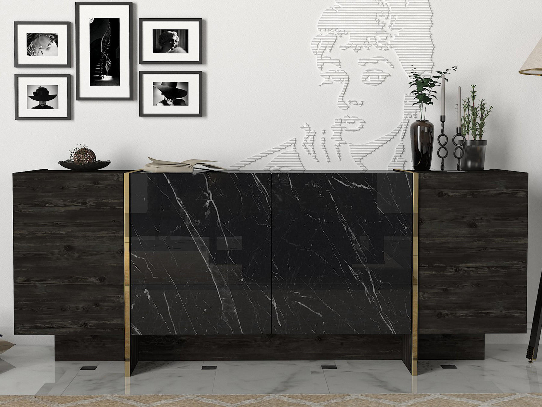 SIDEBOARD Veyron Rebab Braun Dunkelgrau ( Marmor Optik ) - Goldfarben/Braun, Holzwerkstoff/Metall (180/75.5/46.6cm) - moebel17