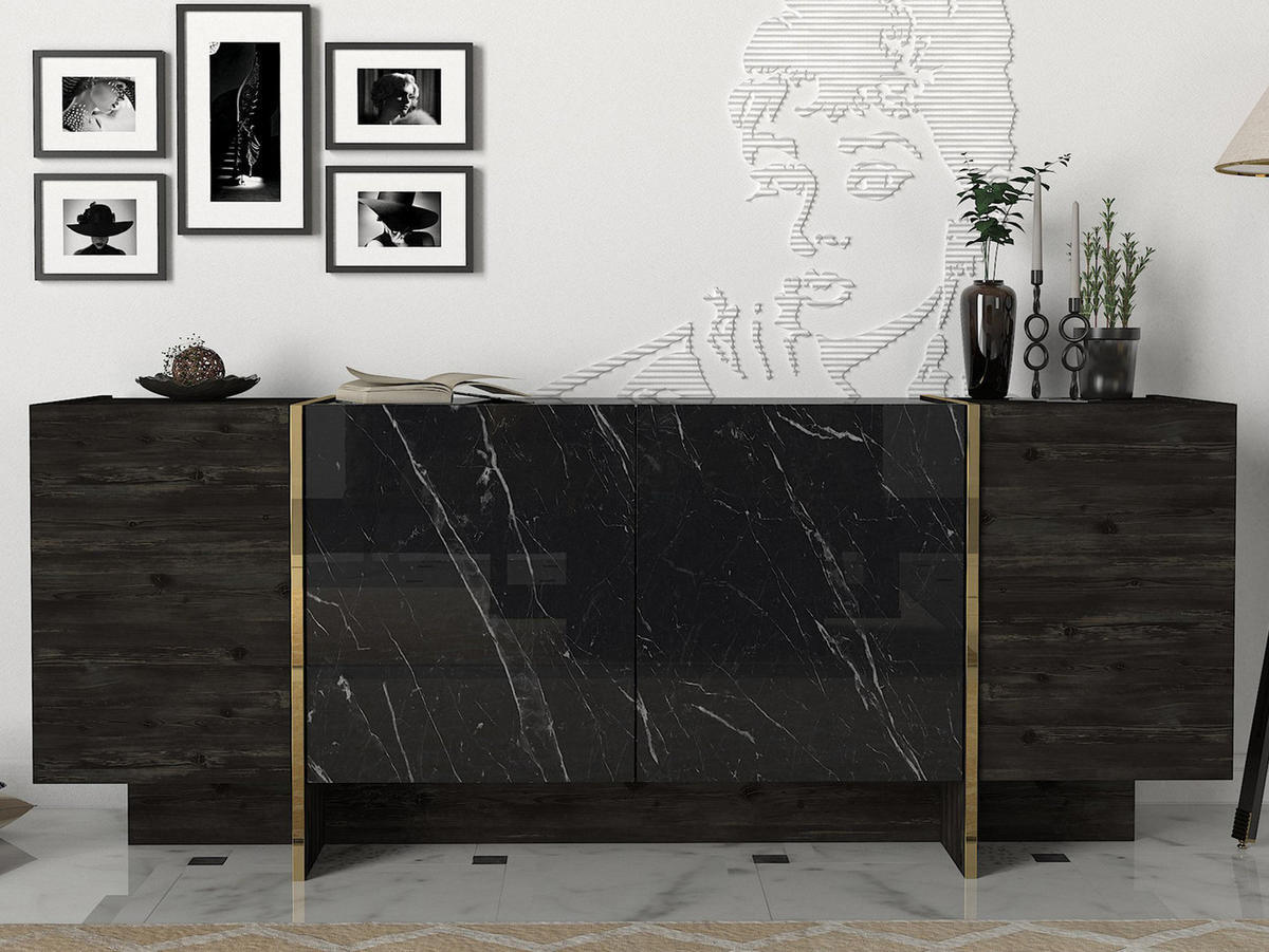 SIDEBOARD Veyron Rebab Braun Dunkelgrau ( Marmor Optik ) - Goldfarben/Braun, Holzwerkstoff/Metall (180/75.5/46.6cm) - moebel17