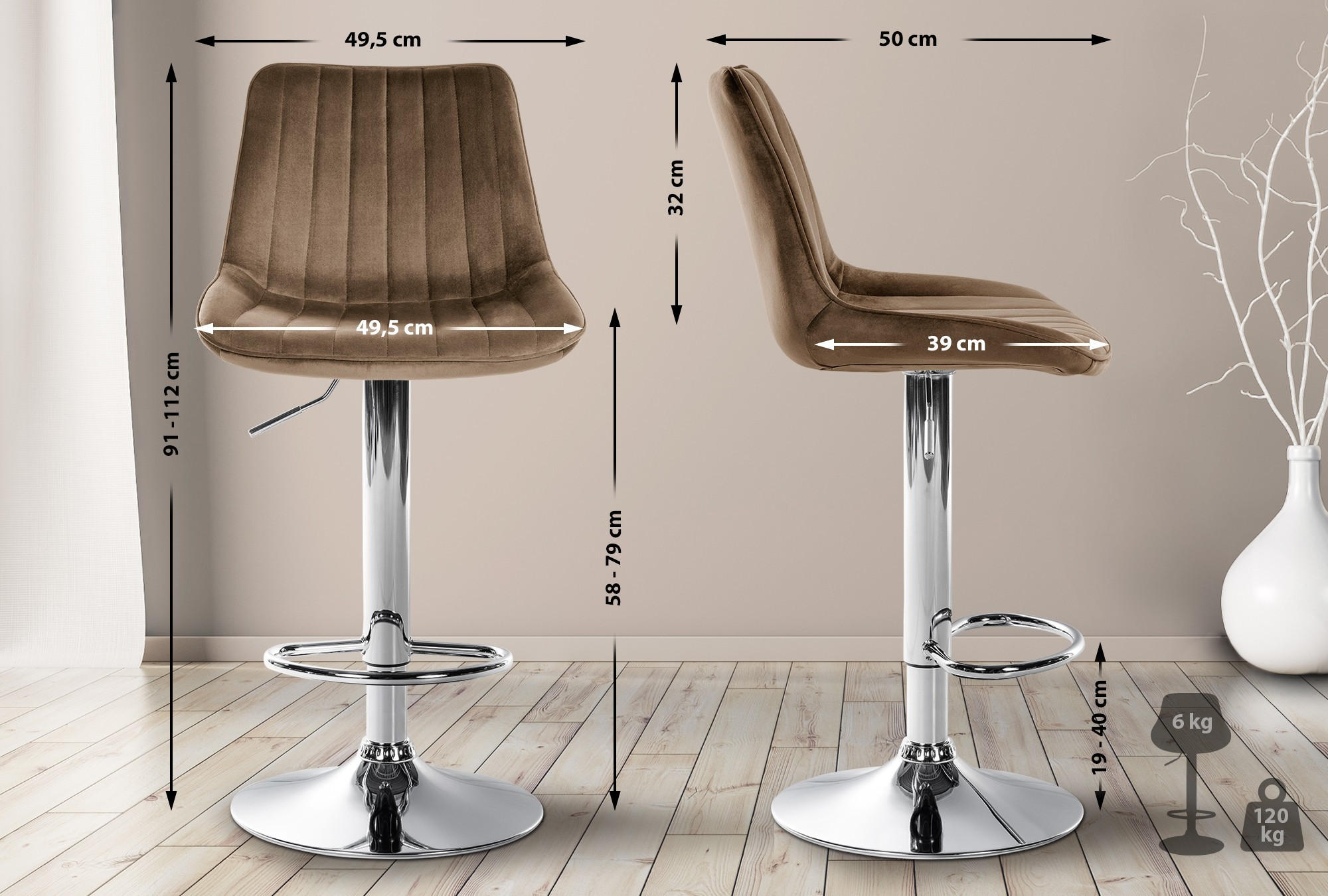 BARHOCKER RIO Braun Samt Chrom - Braun, Textil/Metall (49.5/91/50cm) - DELUKE