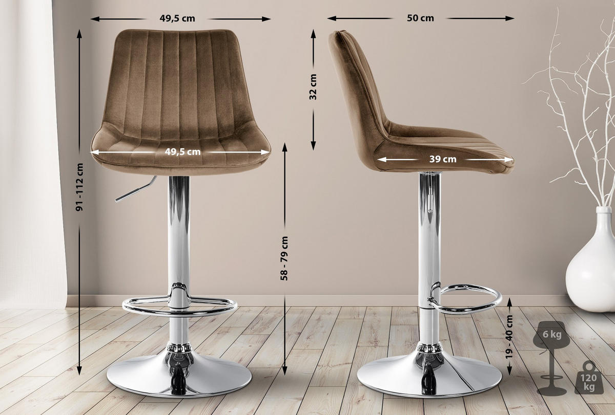 BARHOCKER Samt braun - Chromfarben/Braun, Textil/Metall (49.5/91/50cm) - CLP