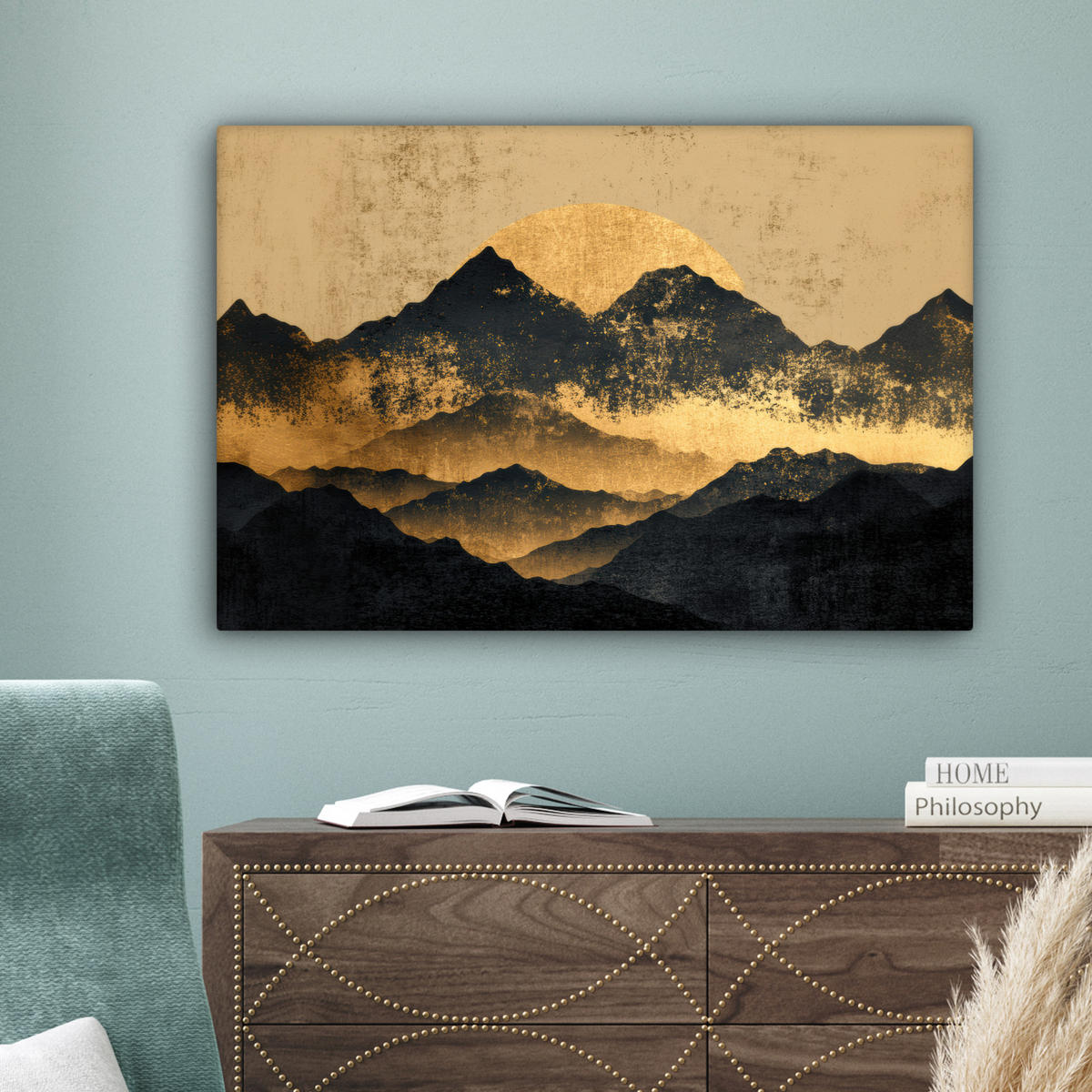 LEINWANDBILD Goldene Berge bei Mondschein Wanddeko 90x60 cm - Goldfarben, Textil (90/60cm) - MuchoWow