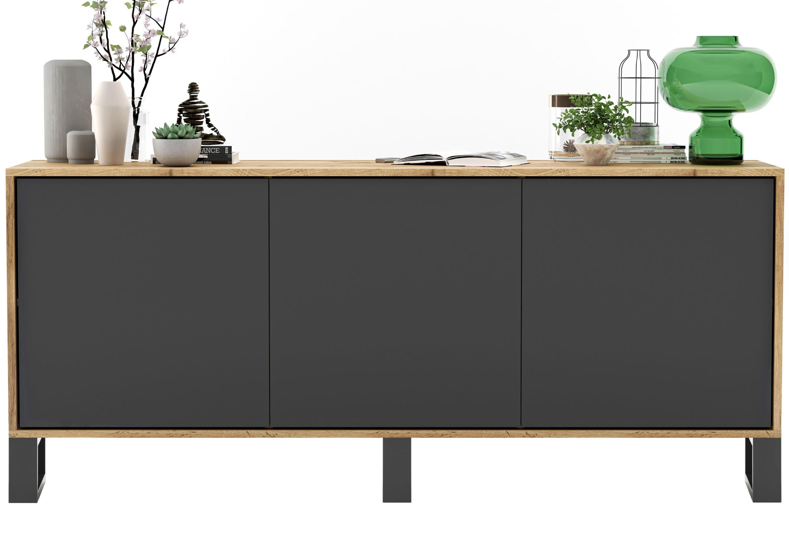 KOMMODE Apollo 3D Eiche wotan Graphit Matt 168/72/35 cm - Graphitfarben/Schwarz, Holzwerkstoff/Metall (168/72/35cm) - Meble Lindner