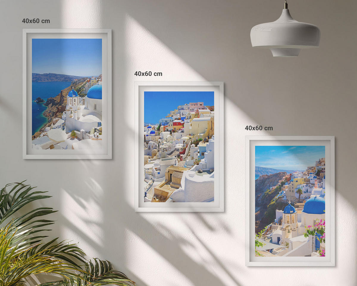 WANDBILDER 3er-Set - 40x60 cm Weißer Rahmen - Landschaftsarchitektur Oia Santorini - Weiß, Kunststoff (40/60cm) - ArtPrintCave