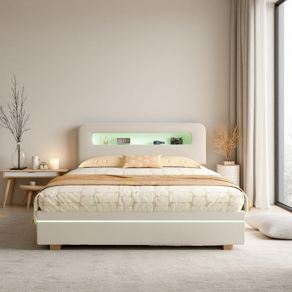 POLSTERBETT 140x200 cm LED Stauraum Lattenrost Ablagefach Samt beige - Weiß, Holz (140/200cm) - LEBENLANG