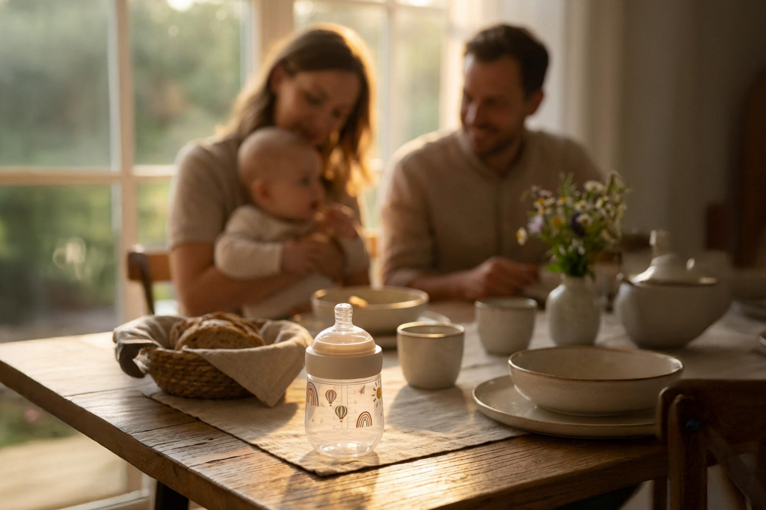 Holztisch mit Babyflasche, Brotkorb, Geschirr und Blumenvase, im Hintergrund unscharf sitzende Eltern mit Baby.