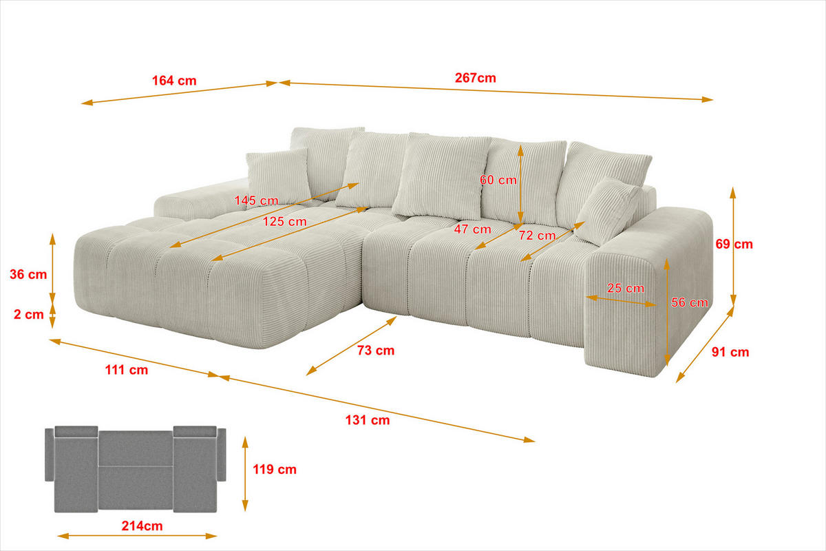 ECKSOFA Ottomane Links ENSI-L - 267x164x69 cm Ecru - Ecru, Holzwerkstoff/Kunststoff (267/164cm) - ALTDECOR