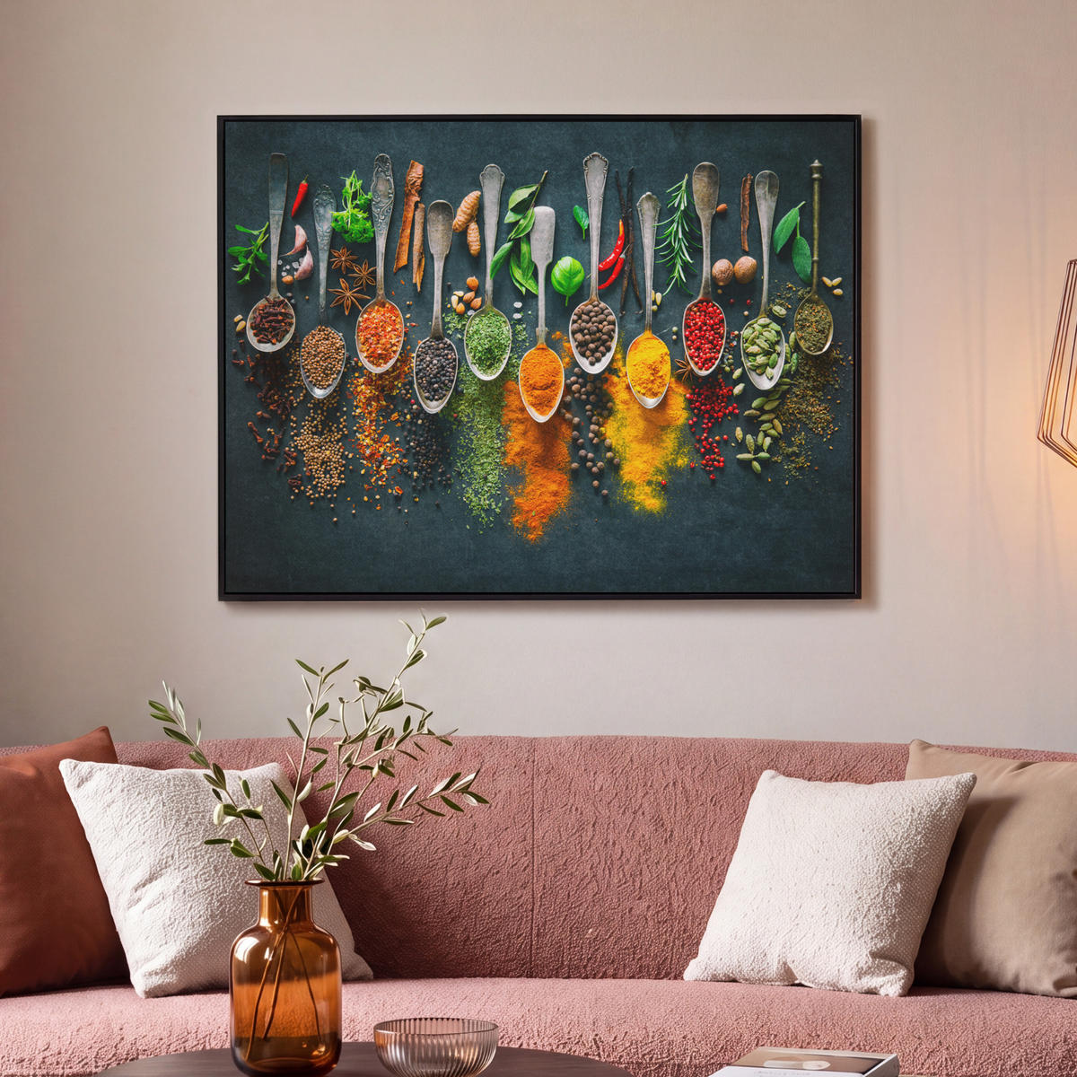 LEINWAND Bilder mit Rahmen - Kräuter - Gewürze - Löffel - 100x70 - Currygelb, Textil (100/70cm) - MuchoWow