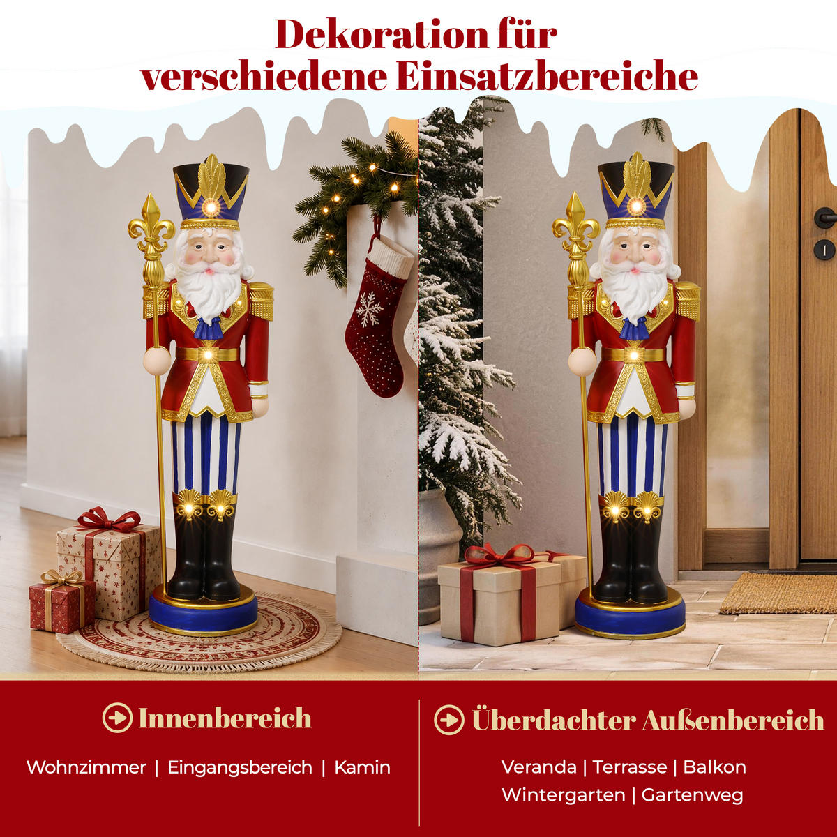 NUSSKNACKER Figur groß 91cm, Weihnachtsdeko mit LED, Timer, MgO - Dunkelrot, Naturmaterialien (28.5/91/28.5cm) - Hometopia