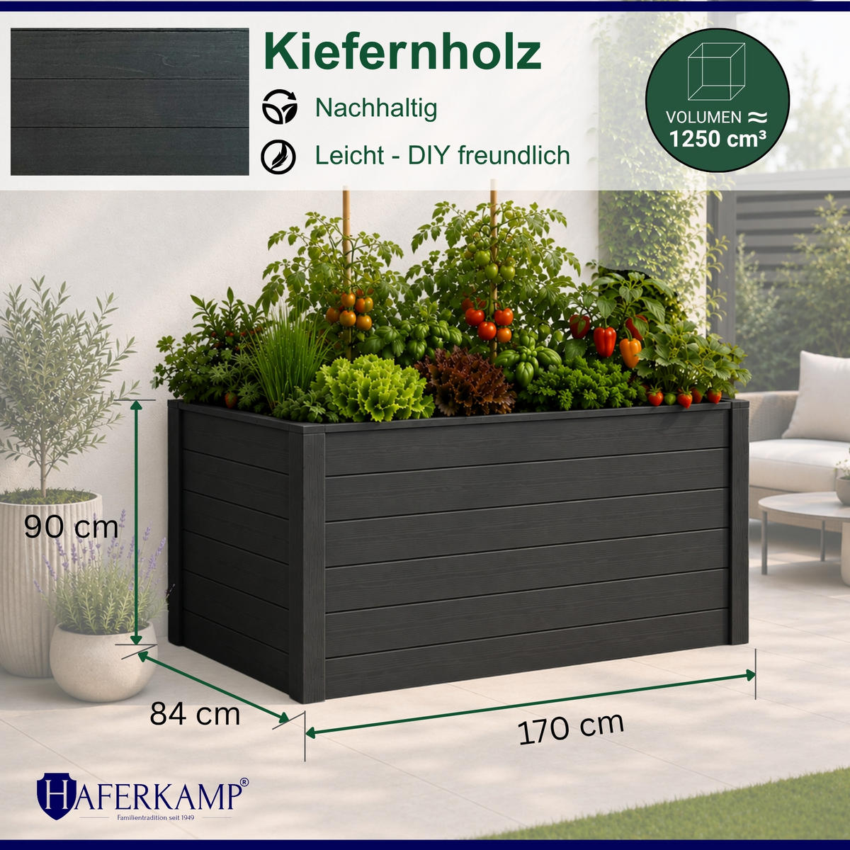 HOCHBEET HARZ aus Holz mit Schutzfolie 90x170x84 cm Außenbereich Anthrazit Holz - Anthrazit, Holz (170/90/84cm)
