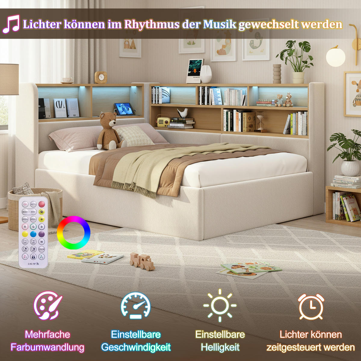 MULTIFUNKTIONSBETT 90/200 cm beige aus Samt mit LED und hydraulischem Stauraum - Beige, Textil (90/200cm) - OKWISH