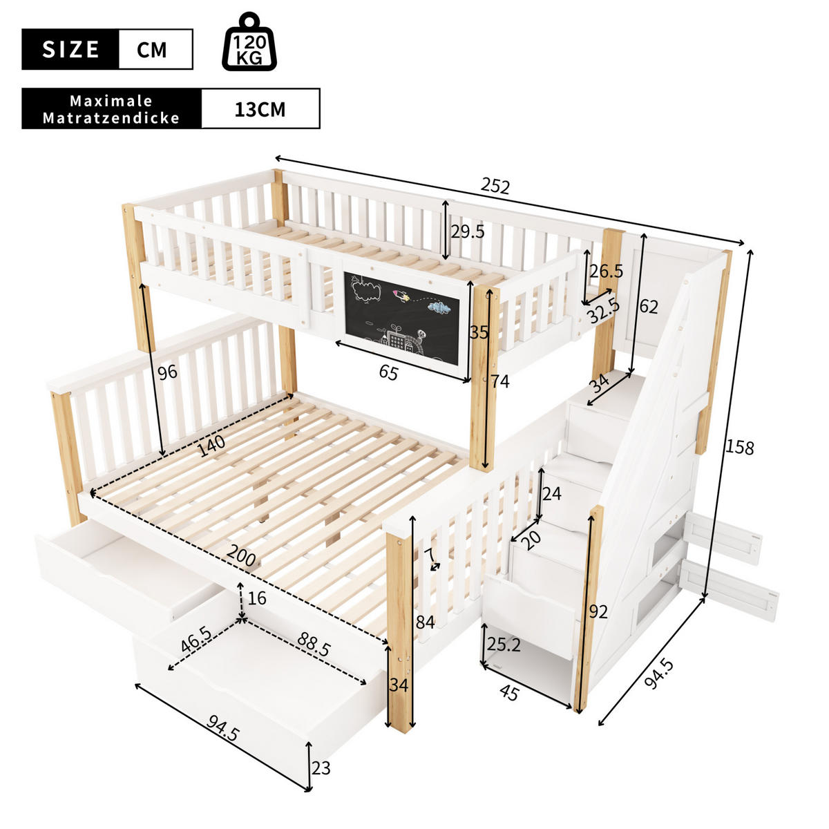 ETAGENBETT 90/200 &140/200 cm mit Tafel, Treppe und Schubladen, viel Stauraum, Weiß/Helle Eiche - Weiß, Holz (90/200cm) - Redom
