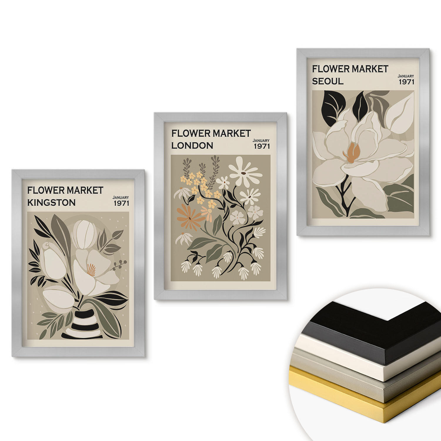 WANDBILDER 3er Set - 20x30 cm Silberner Rahmen - Retro-Blumen aus Städten rund um die Welt - Silberfarben, Kunststoff (20/30cm) - ArtPrintCave
