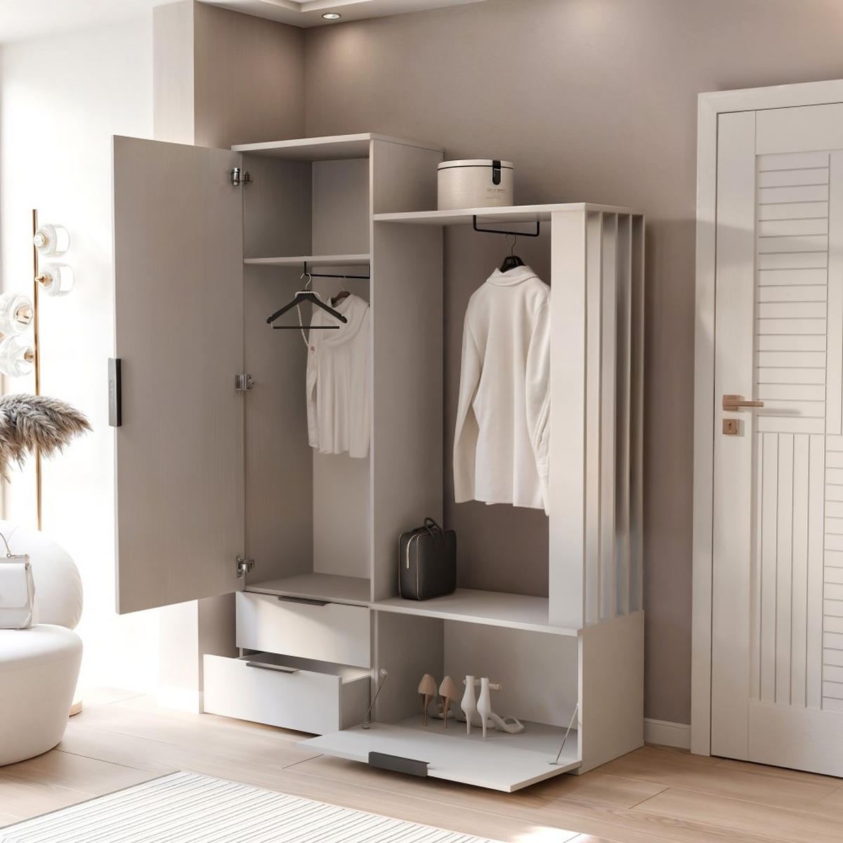 GARDEROBENSCHRANK Lorenzo mit Spiegel und 2 Schubladen, Sandbeige - Sandfarben, Holzwerkstoff (140/200/42.5cm) - Beautysofa