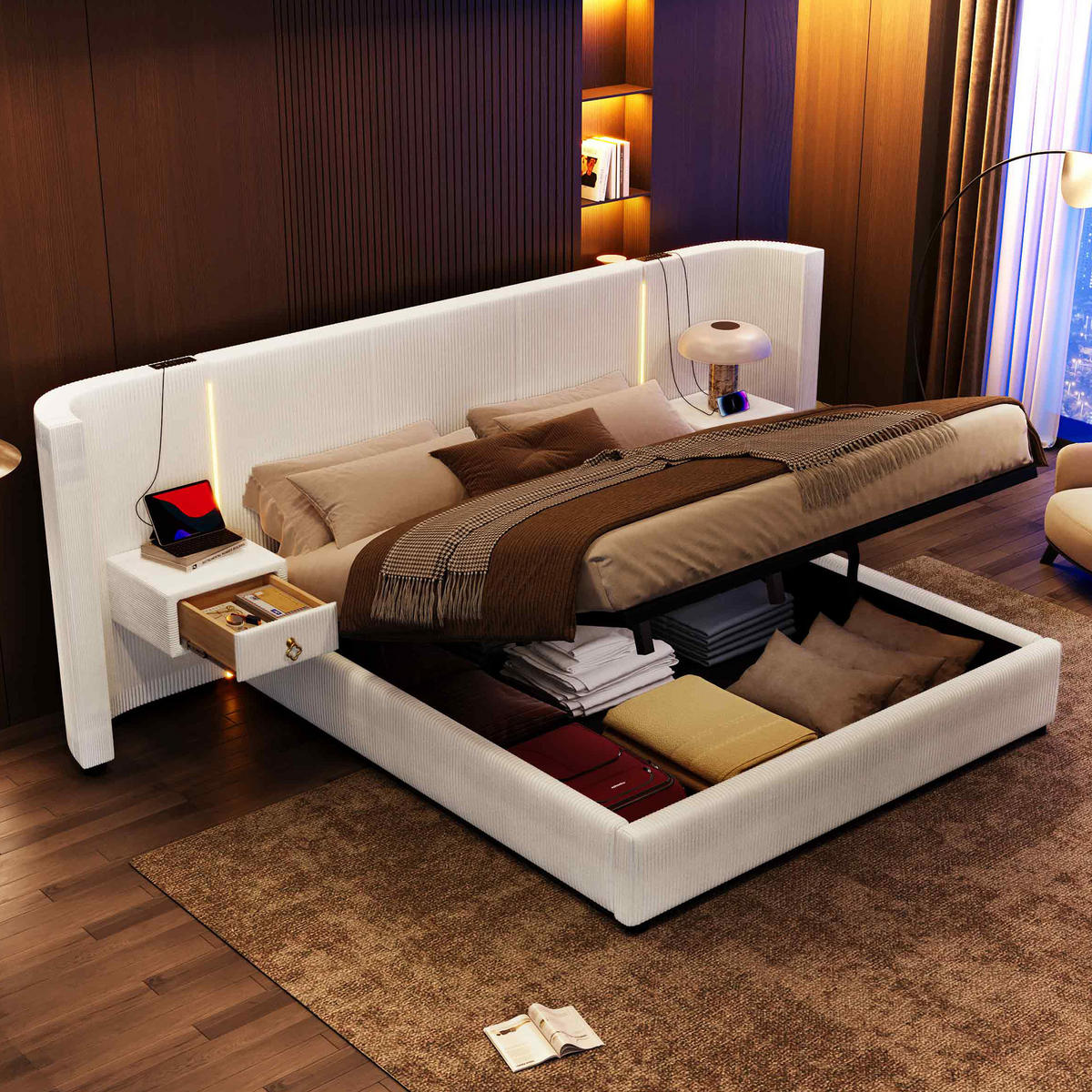 POLSTERBETT 180/200 cm Beige mit LED-Beleuchtung und hydraulischem Stauraum - Beige, Textil (180/200cm) - OKWISH