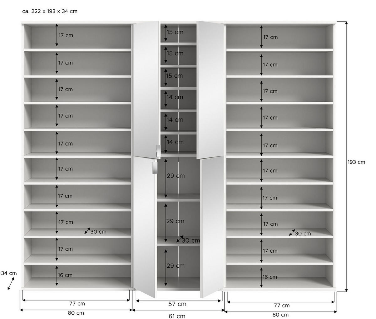GARDEROBENKOMBINATION 3tlg. Projekt X Garderobe in weiß Nb. und weiß hochglanz B/H/T: 222x193x34 cm - Weiß, Holzwerkstoff (222/191/37cm)