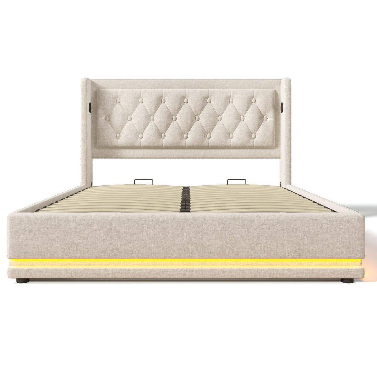 POLSTERBETT mit Stauraum und LED 180x200 cm Baumwolle Beige - Beige, Metall (180/200cm) - Meubliv