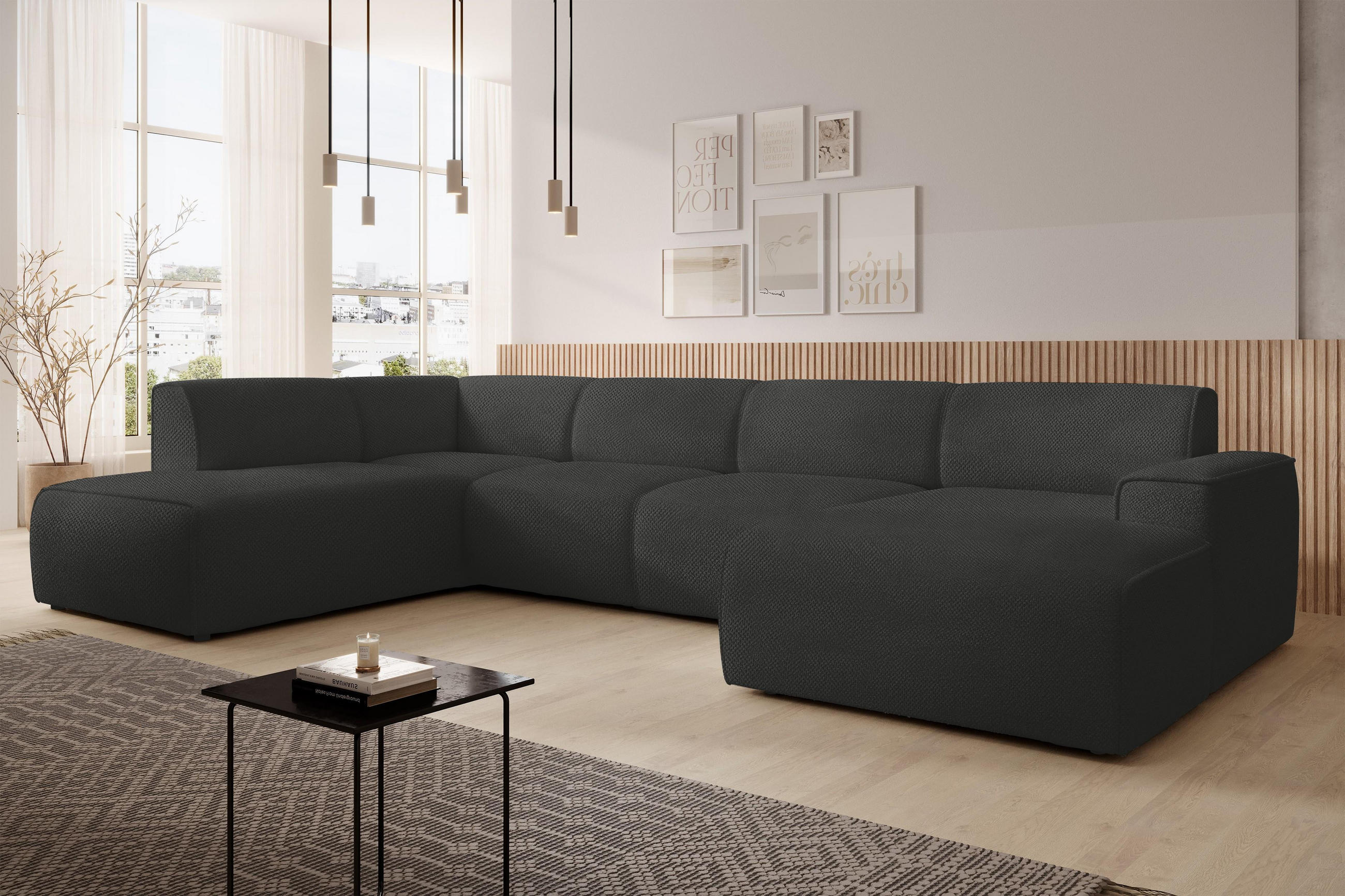 WOHNLANDSCHAFT Didim Grau 378/220/78 cm – großes Sofa stilvoll & bequem L - Schwarz/Grau, Kunststoff/Textil (220/78/378cm) - AX Living