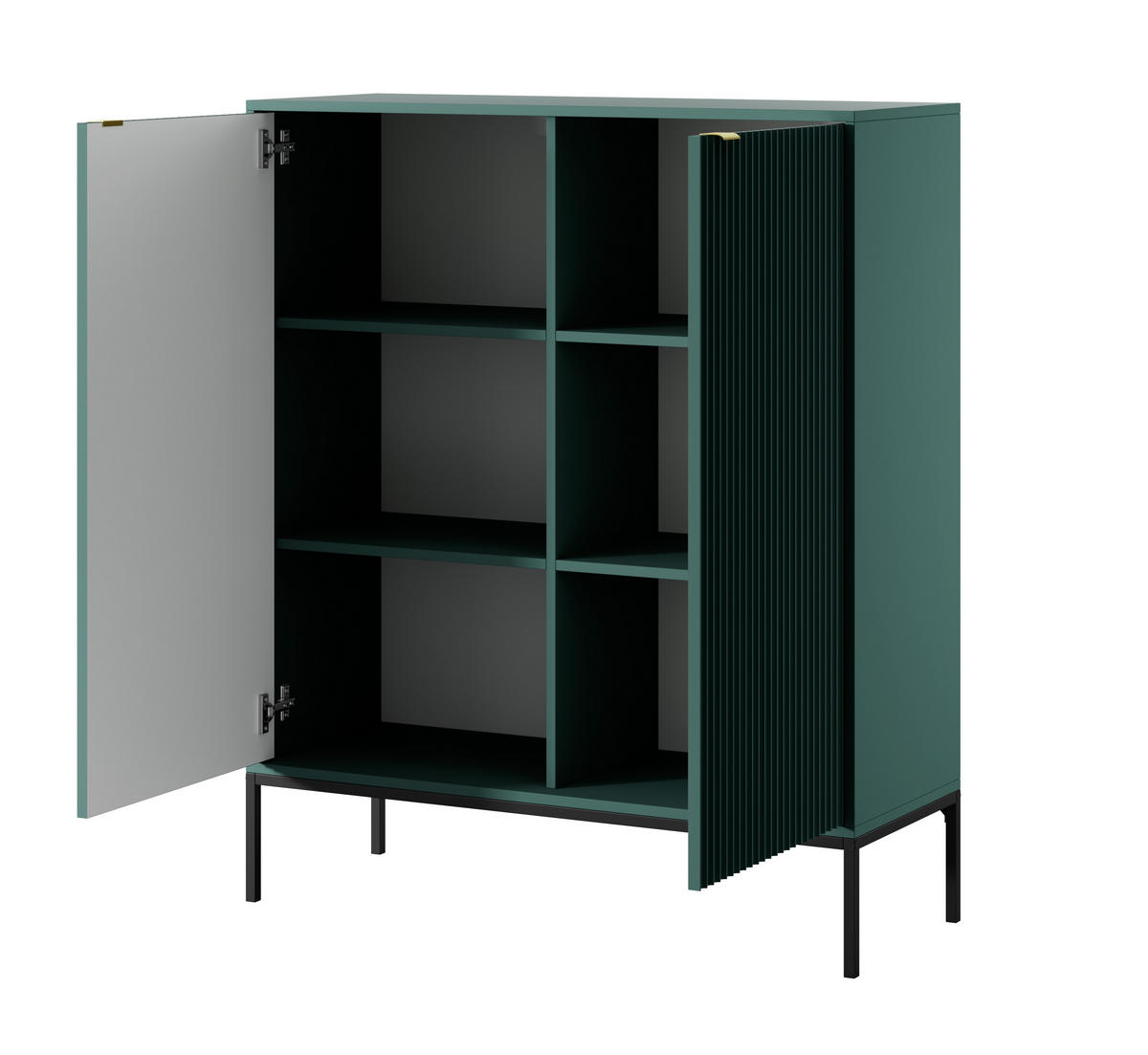 SIDEBOARD Eternas 2T Grün 104/125/39 cm – schwarze Füße, mit geriffelten Fronten - Schwarz/Grün, Holzwerkstoff (104/125/39cm) - AX Living