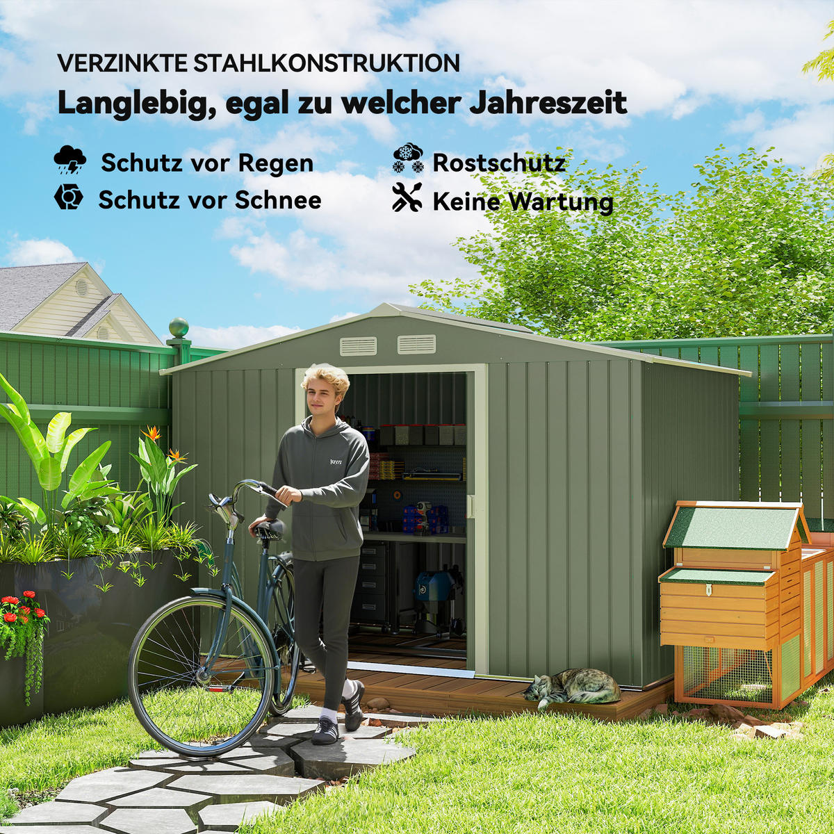 GERÄTEHAUS Gartenhaus Geräteschuppen Gartenschrank Hellgrün 277 x 195 x 192 cm - Hellgrün, Metall (195/192/277cm) - Outsunny