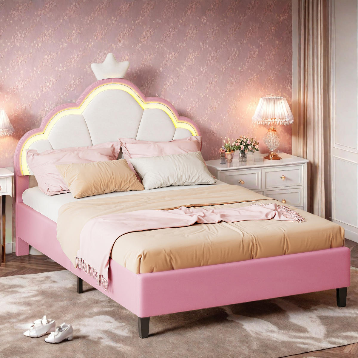 KINDERBETT 90/200 cm rosa mit Kronenkopfteil und LED - Rosa, Holz - SHOPENTRA