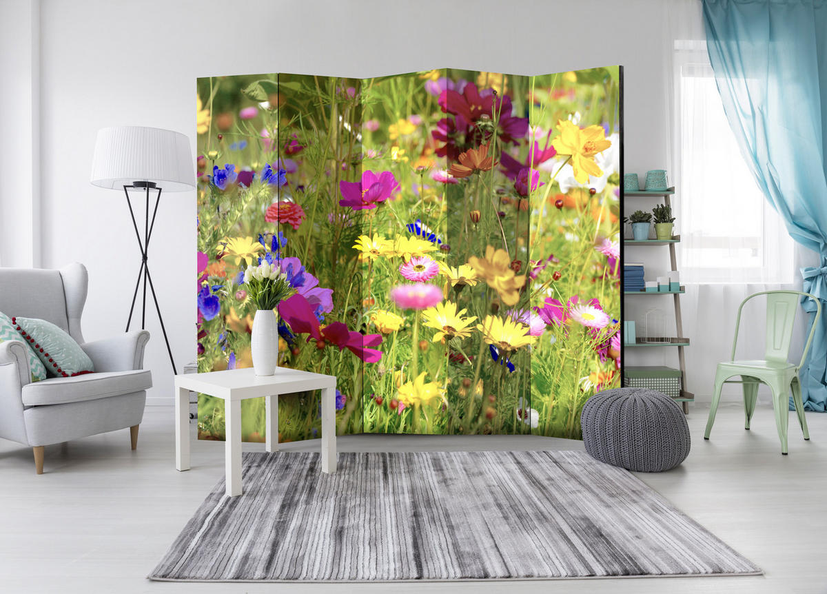 PARAVENT Beidseitig Bedruckter 5-tlg 225x172 cm Sommerblumen - Multicolor, Holz/Textil (225/172/3cm) - Muralo