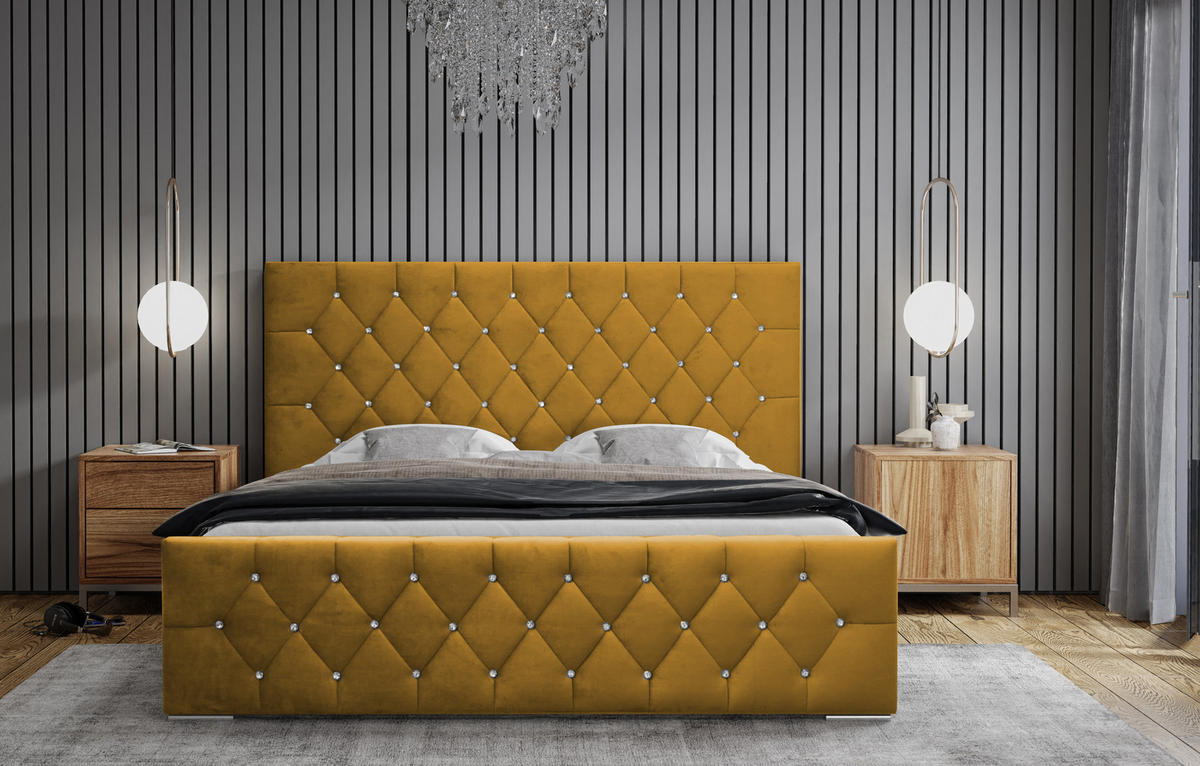 POLSTERBETT Mona I Polsterbett modern, hochwertiger Stoff, Bettkasten, elegantes halbrundes Design 160x200 cm, gelb. - Gelb/Schwarz, Holzwerkstoff/Kunststoff (140/200cm) - DomoHome
