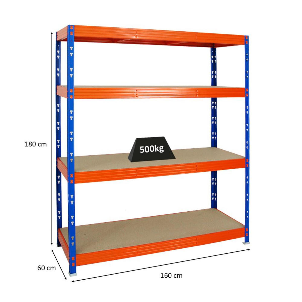 SCHWERLASTREGAL Rhino 180x160x60 cm 4 Spanplatten-Ebenen 8mm Fachlast 500 kg Blau/Orange - Blau/Orange, Metall (160/180/60cm) - PROREGAL