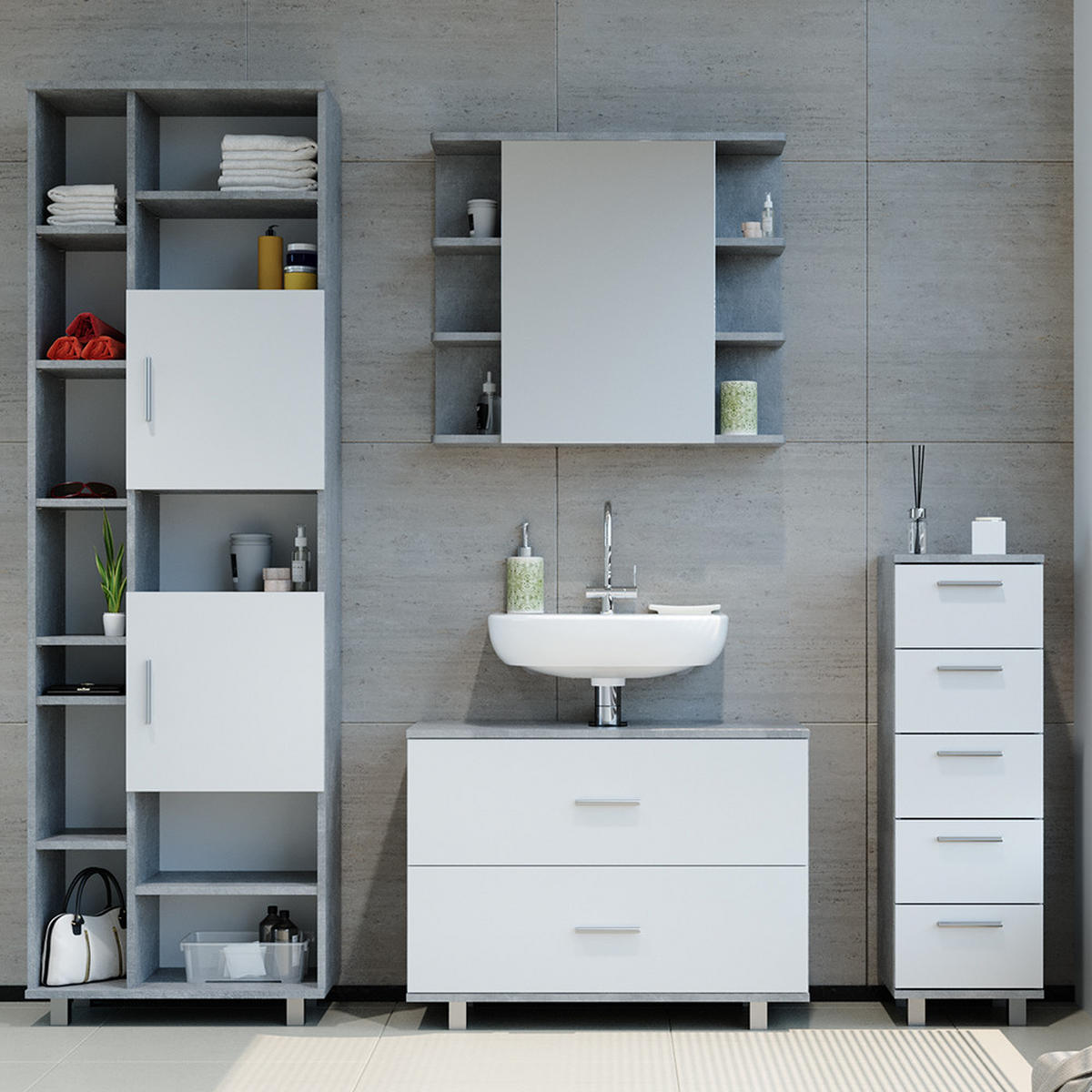 BADMÖBEL-SET Ilias Beton/Weiß 4 Teile, mit Hochschrank - Weiß/Grau, Holzwerkstoff (80.2/60.8/33cm) - Vicco